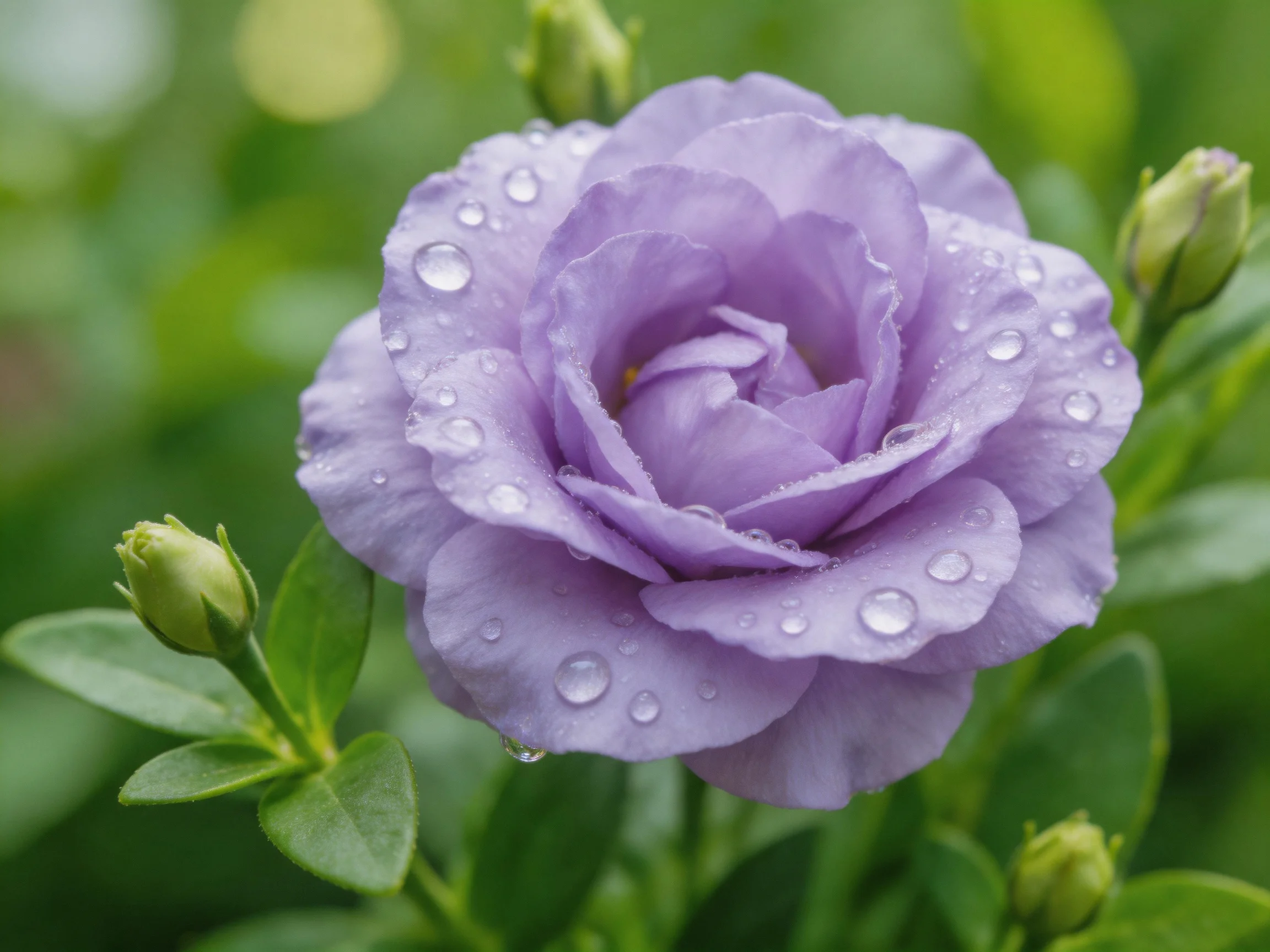 Lavender flower with dewdrops, surrounded by unopened buds and green foliage