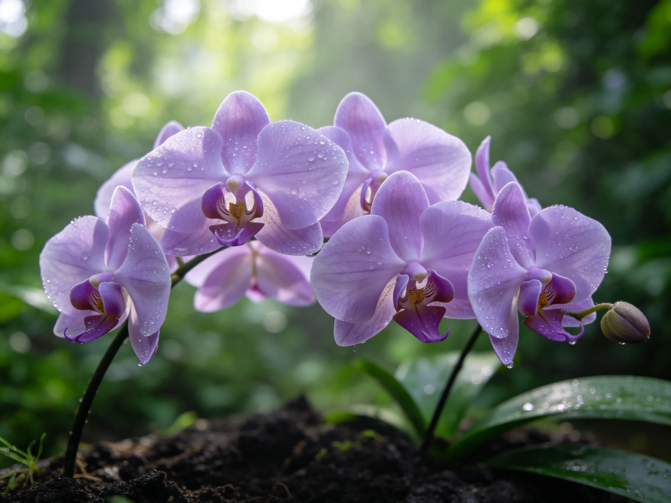 Lavender orchid blooms adorned with water droplets in lush green surroundings