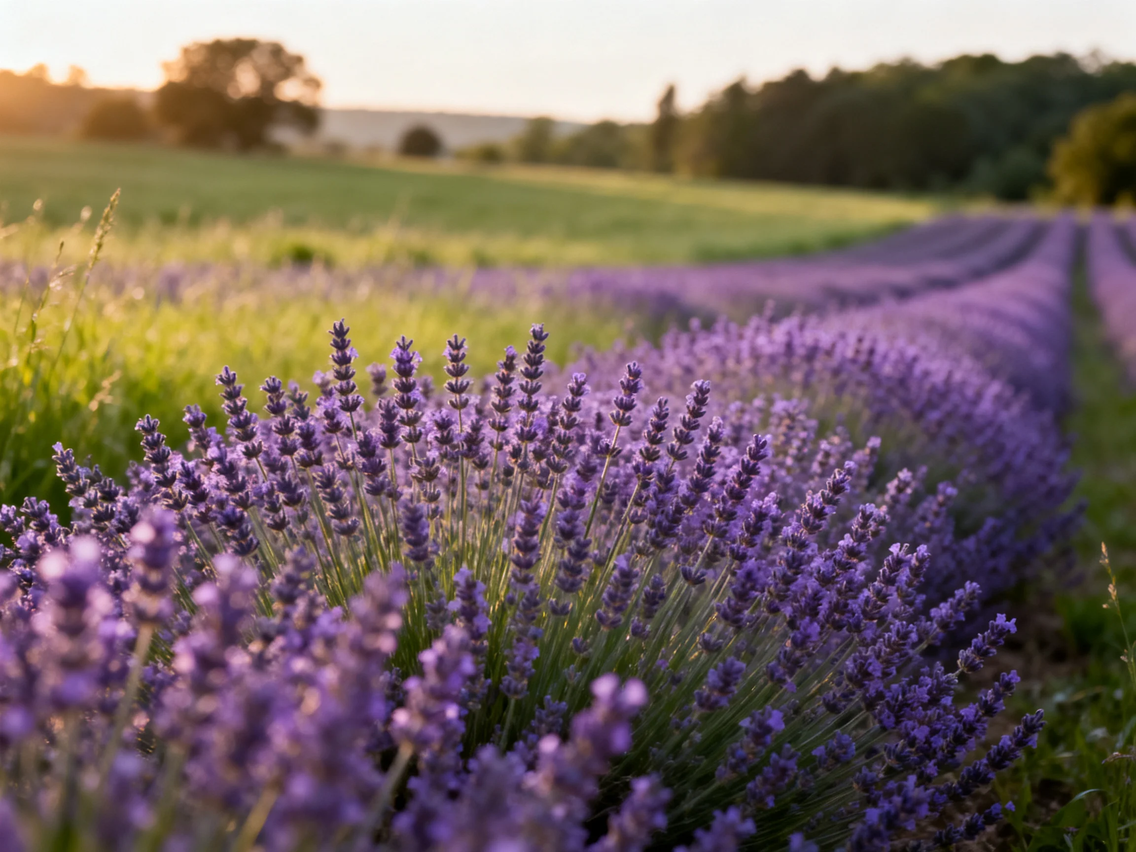 Lavender rows bloom vibrantly amid green fields at sunset