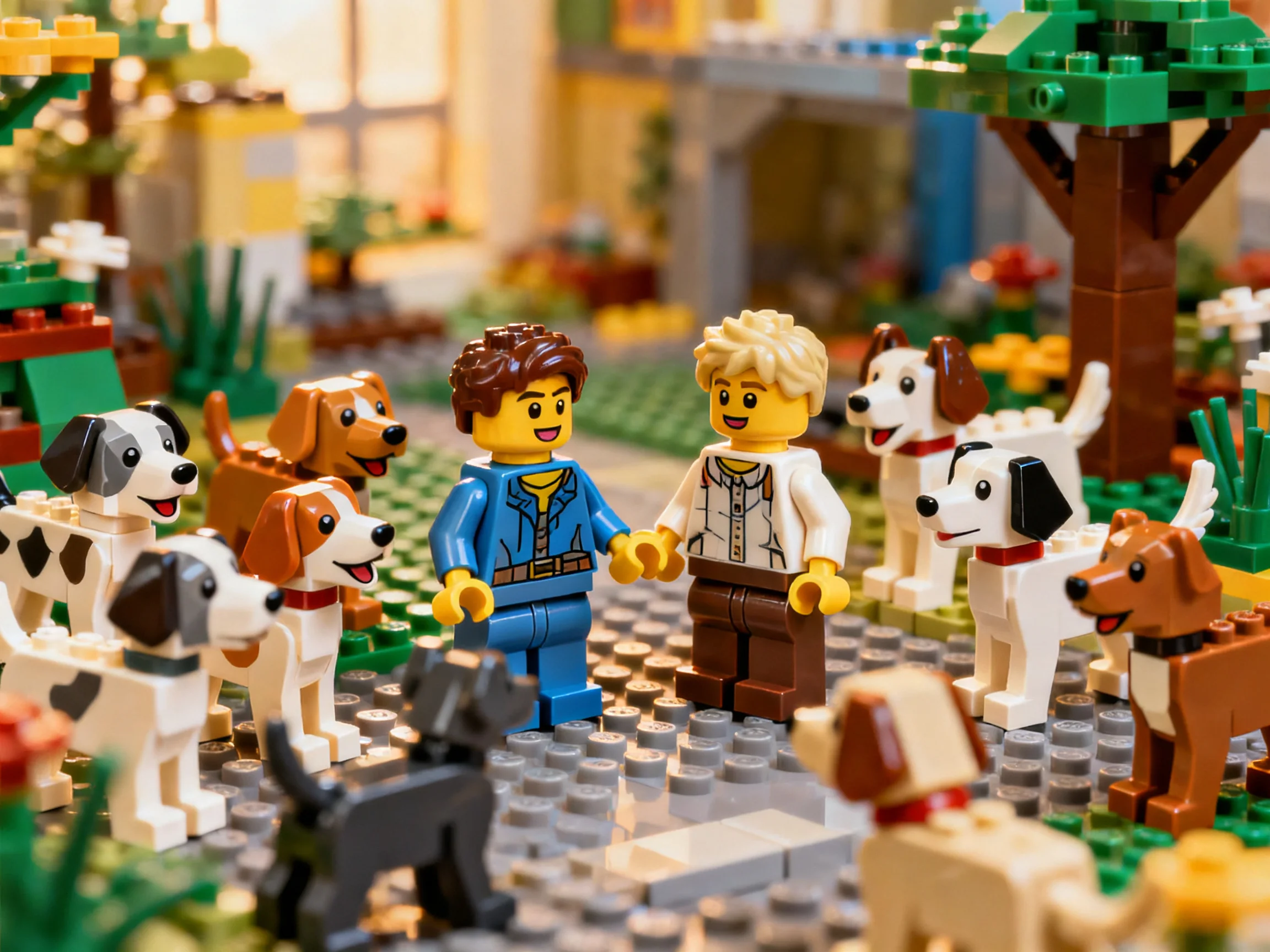 Lego figures interact among numerous colorful dog figurines