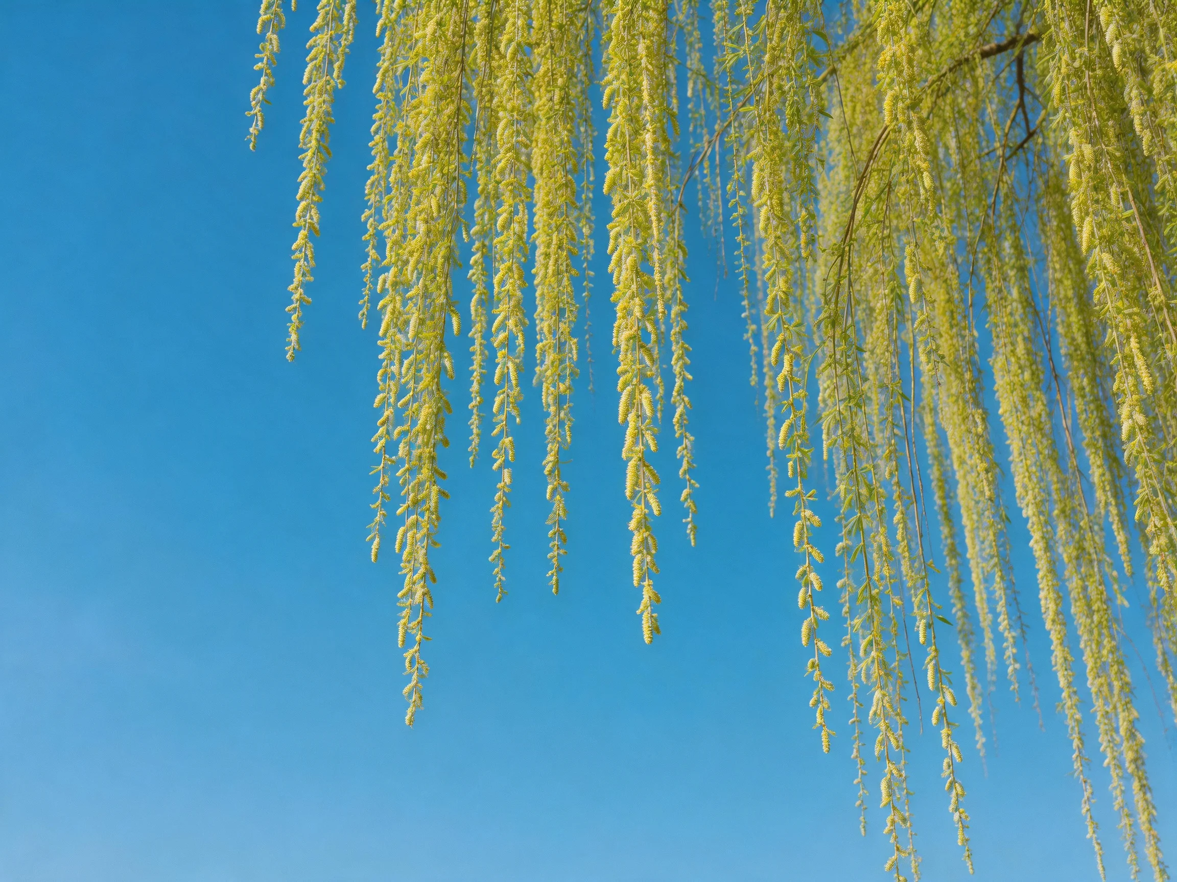 Long, golden willow branches dangle gracefully over a clear blue sky
