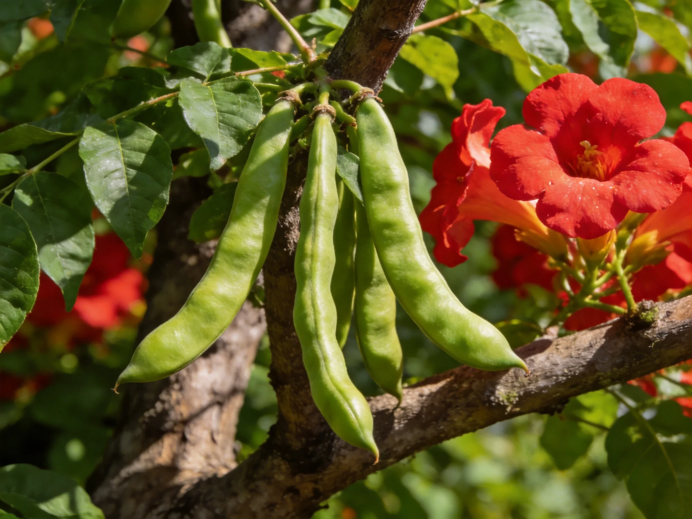 Long green seed pods and vibrant red trumpet flowers on a tree branch