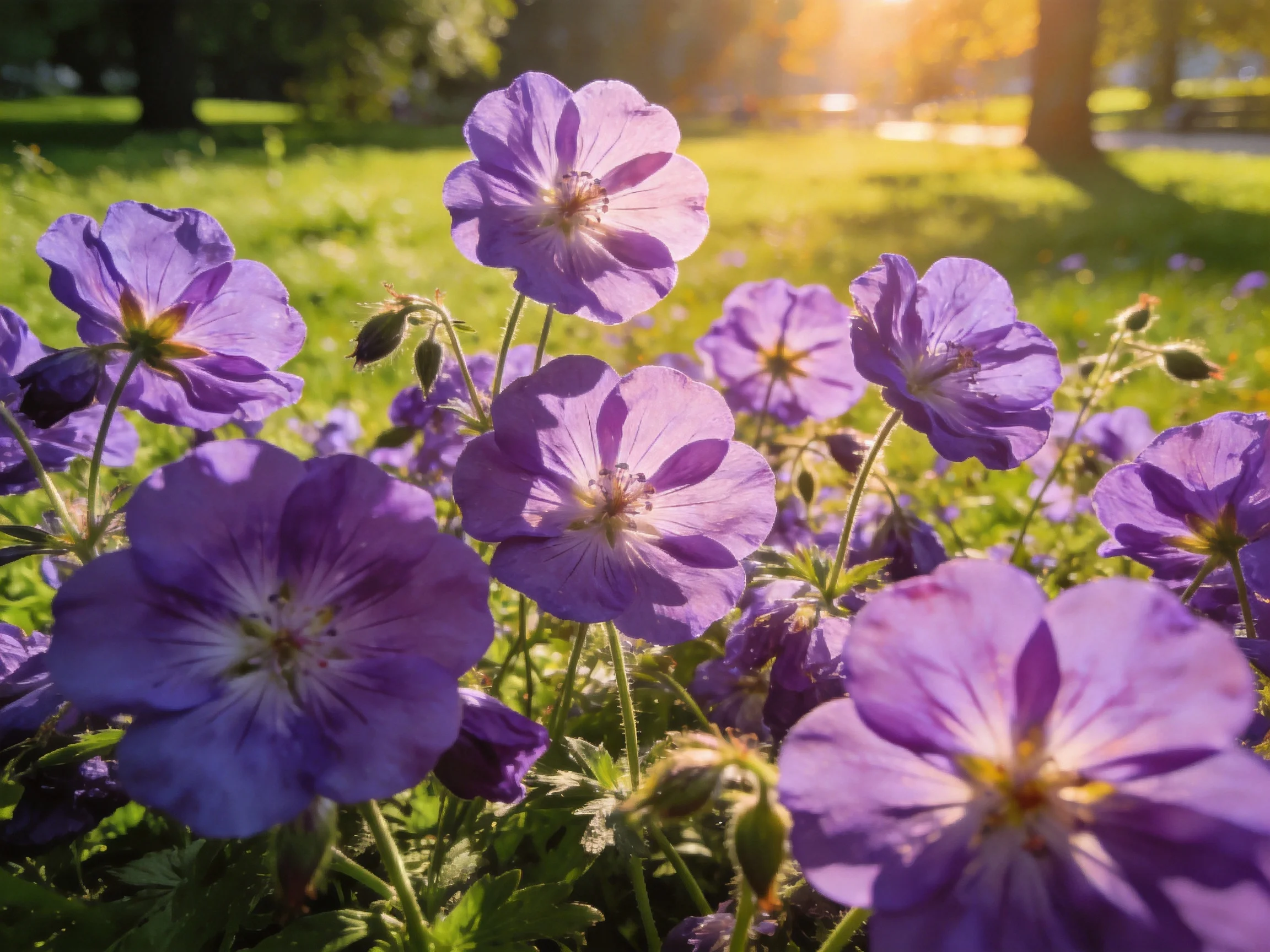Lush clusters of vibrant purple geraniums bloom in a sunlit meadow.