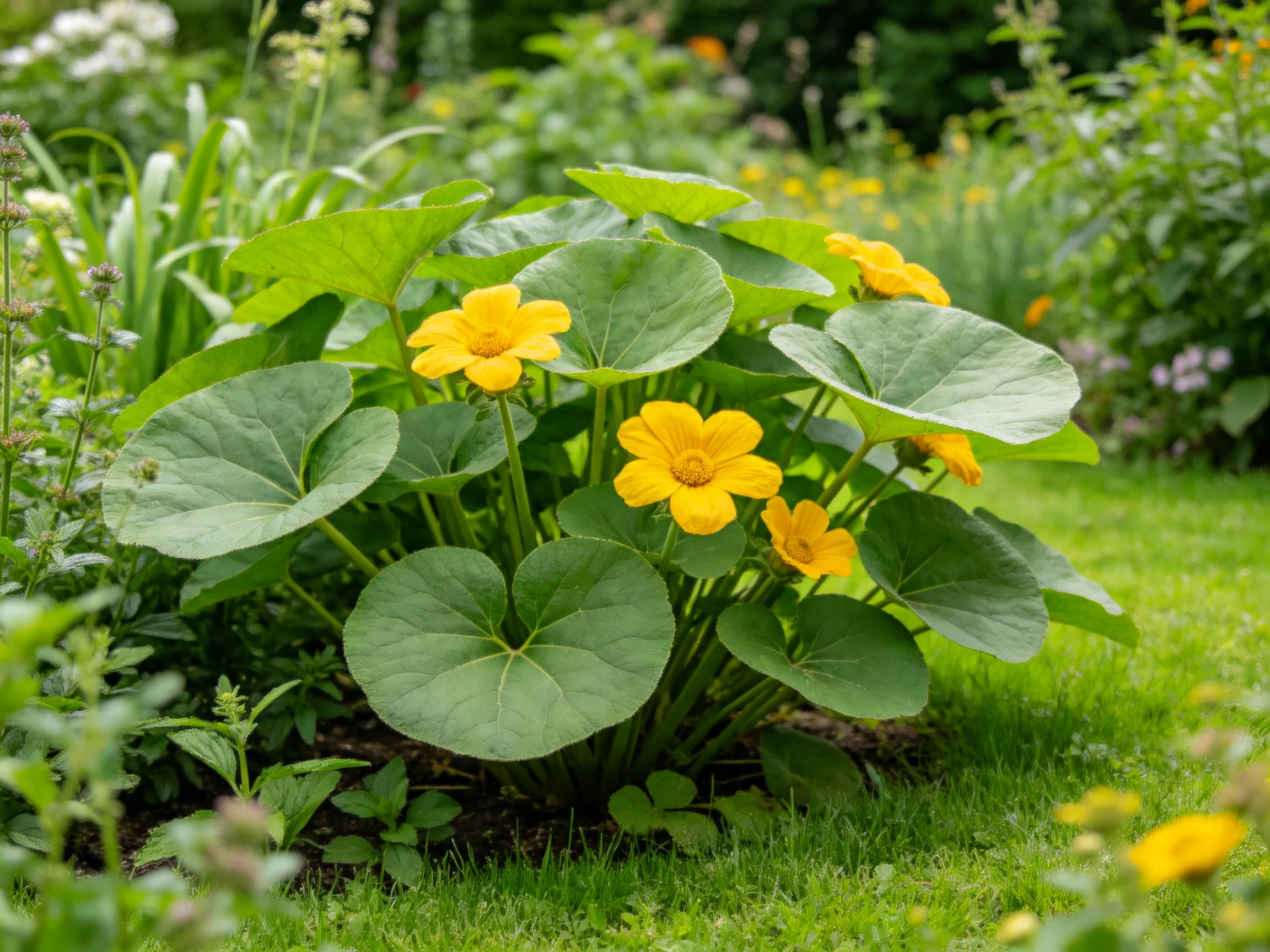 Lush garden with vibrant yellow blooms and broad green leaves