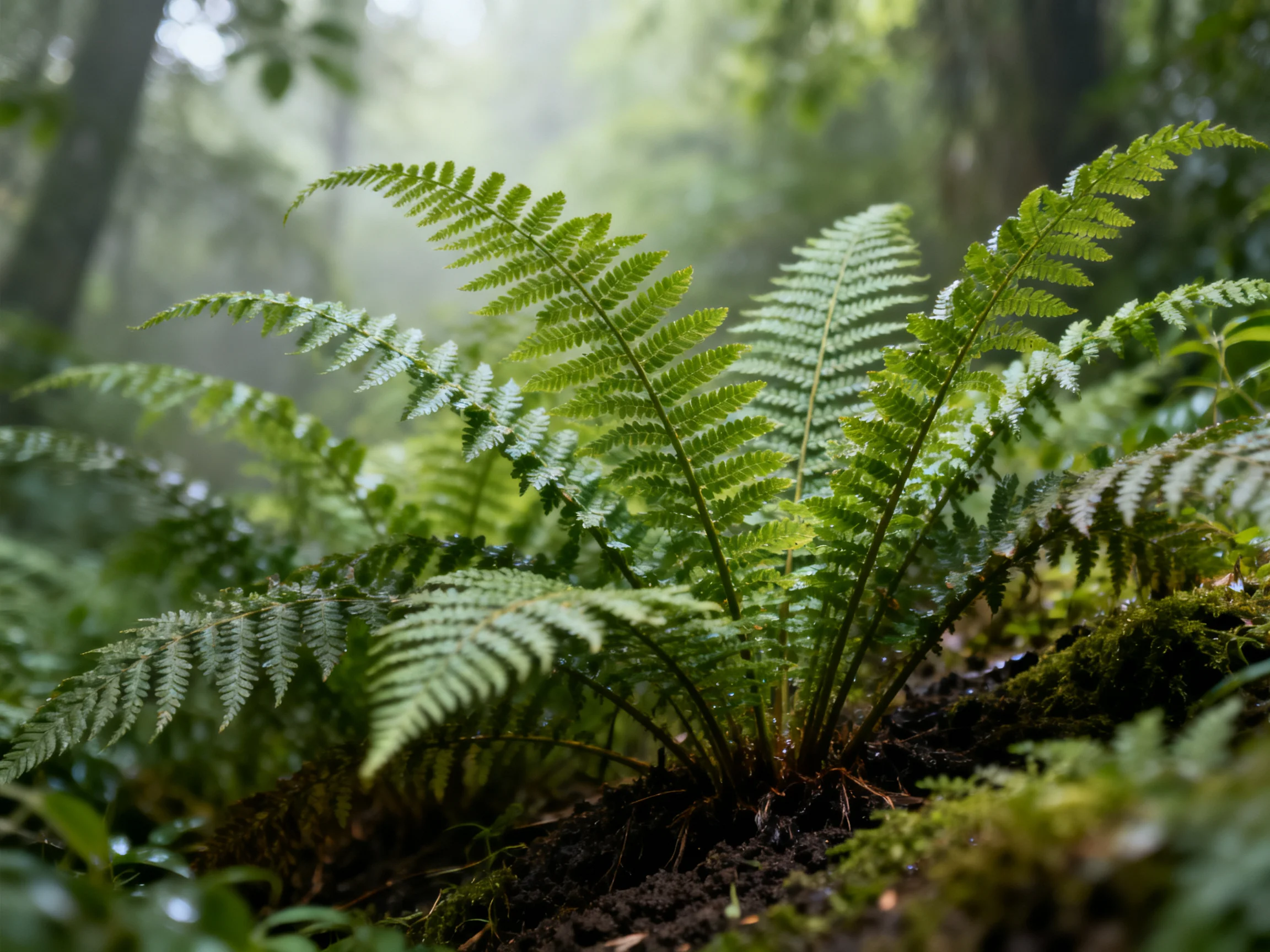 Lush green fern cluster in a misty forest glade