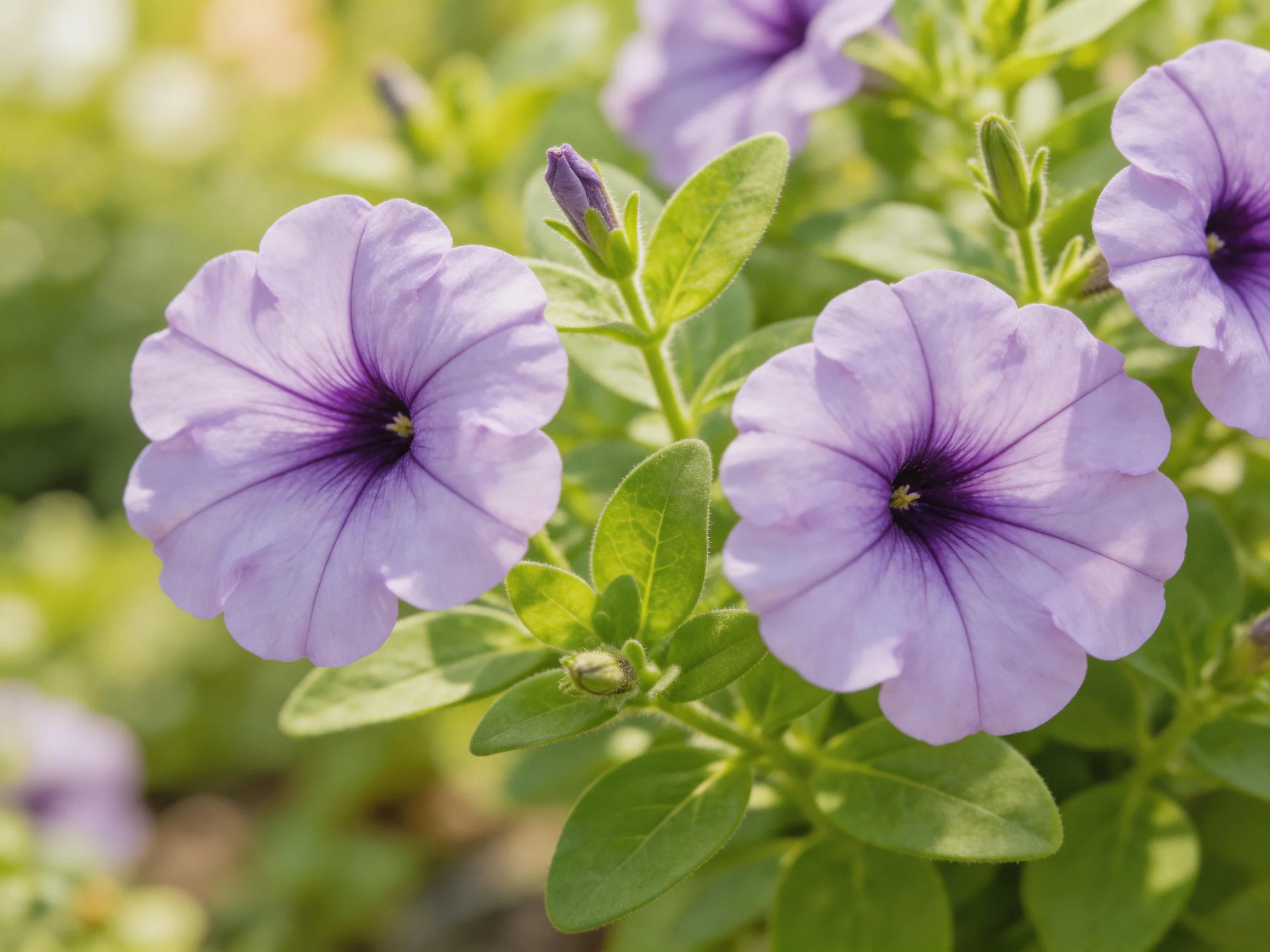 Lush green foliage frames vibrant purple petunia blooms