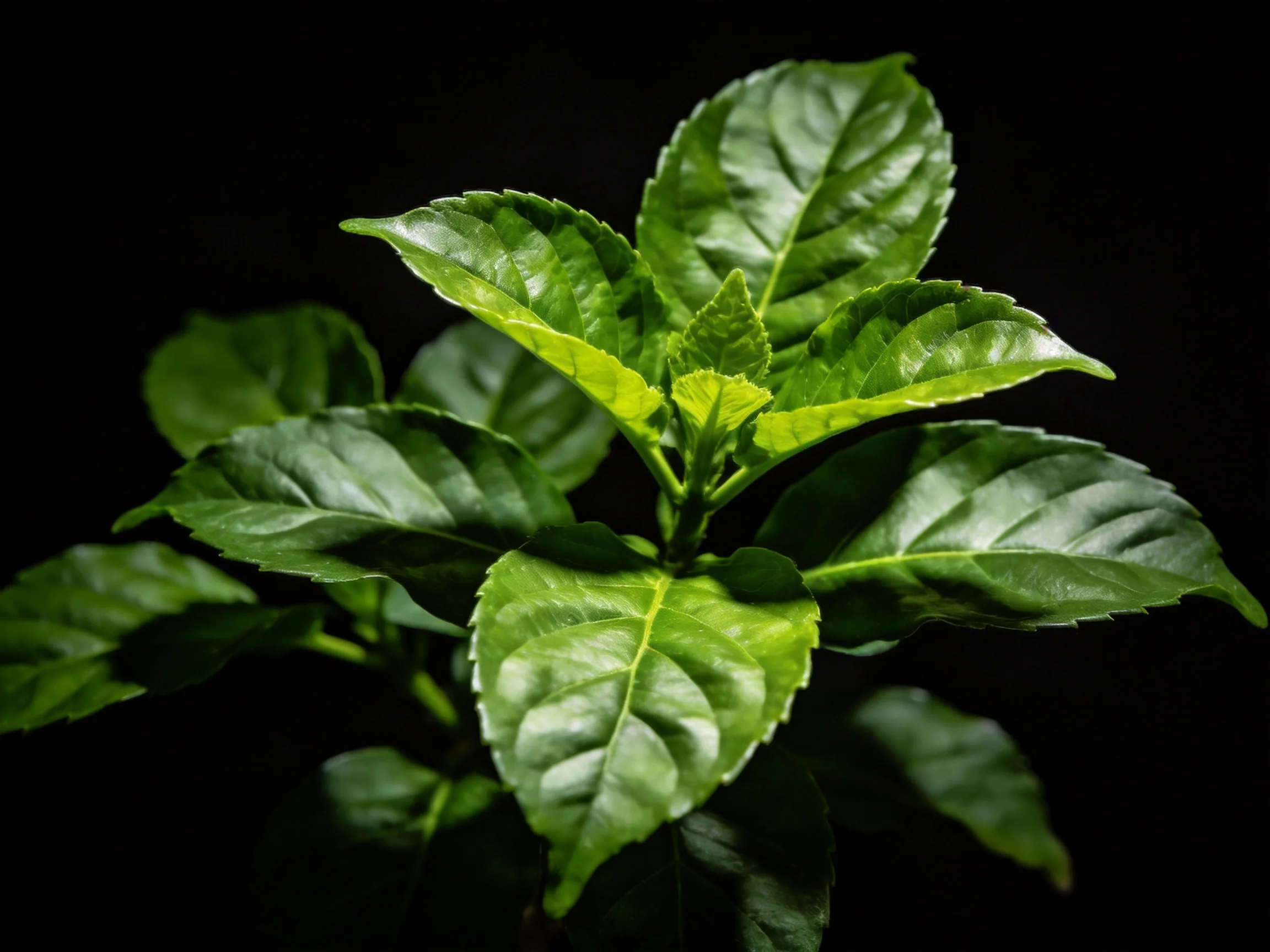 Lush green foliage with glossy leaves on a black background
