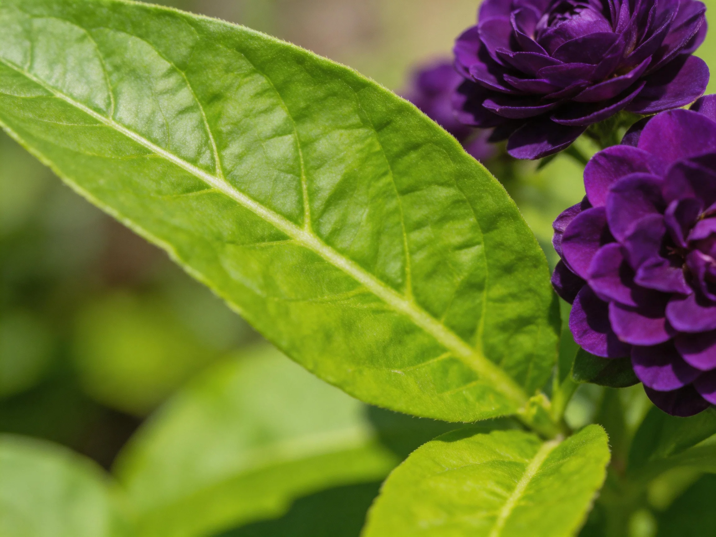 Lush green leaf beside vibrant purple flowers with prominent veins