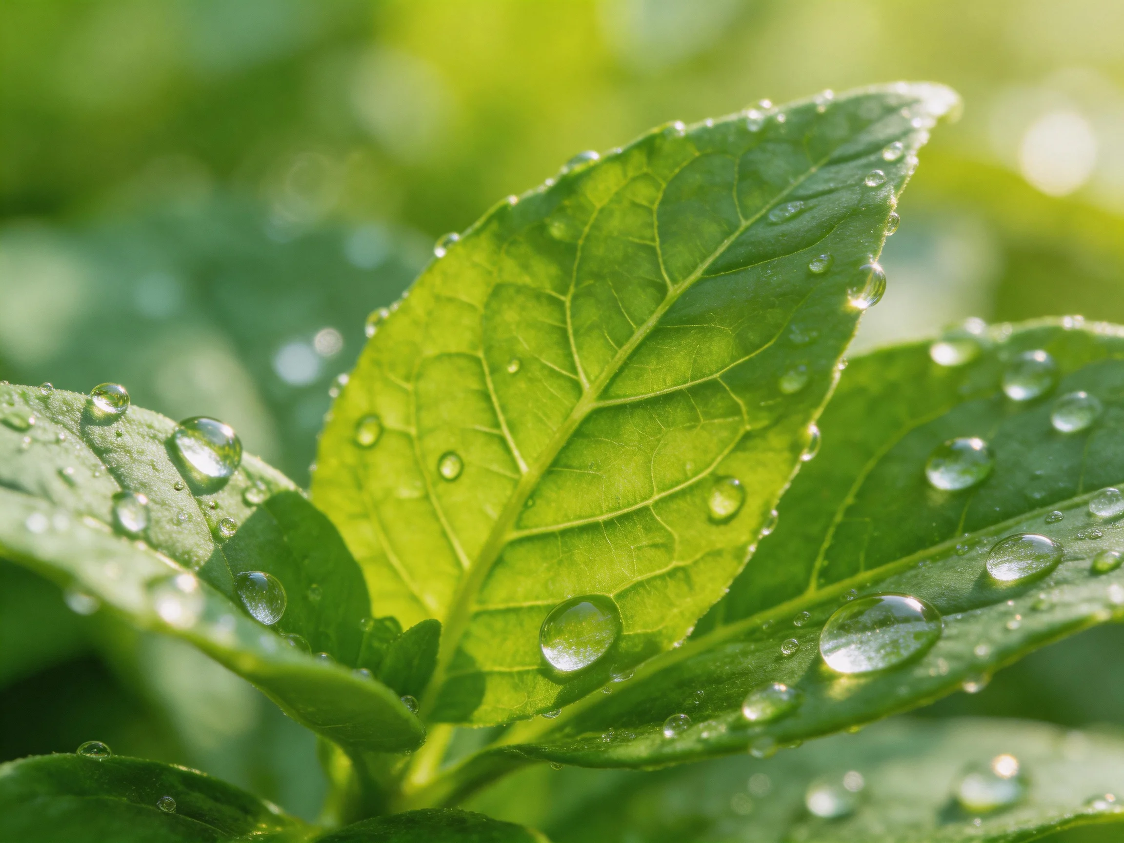 Lush green leaves adorned with glistening water droplets