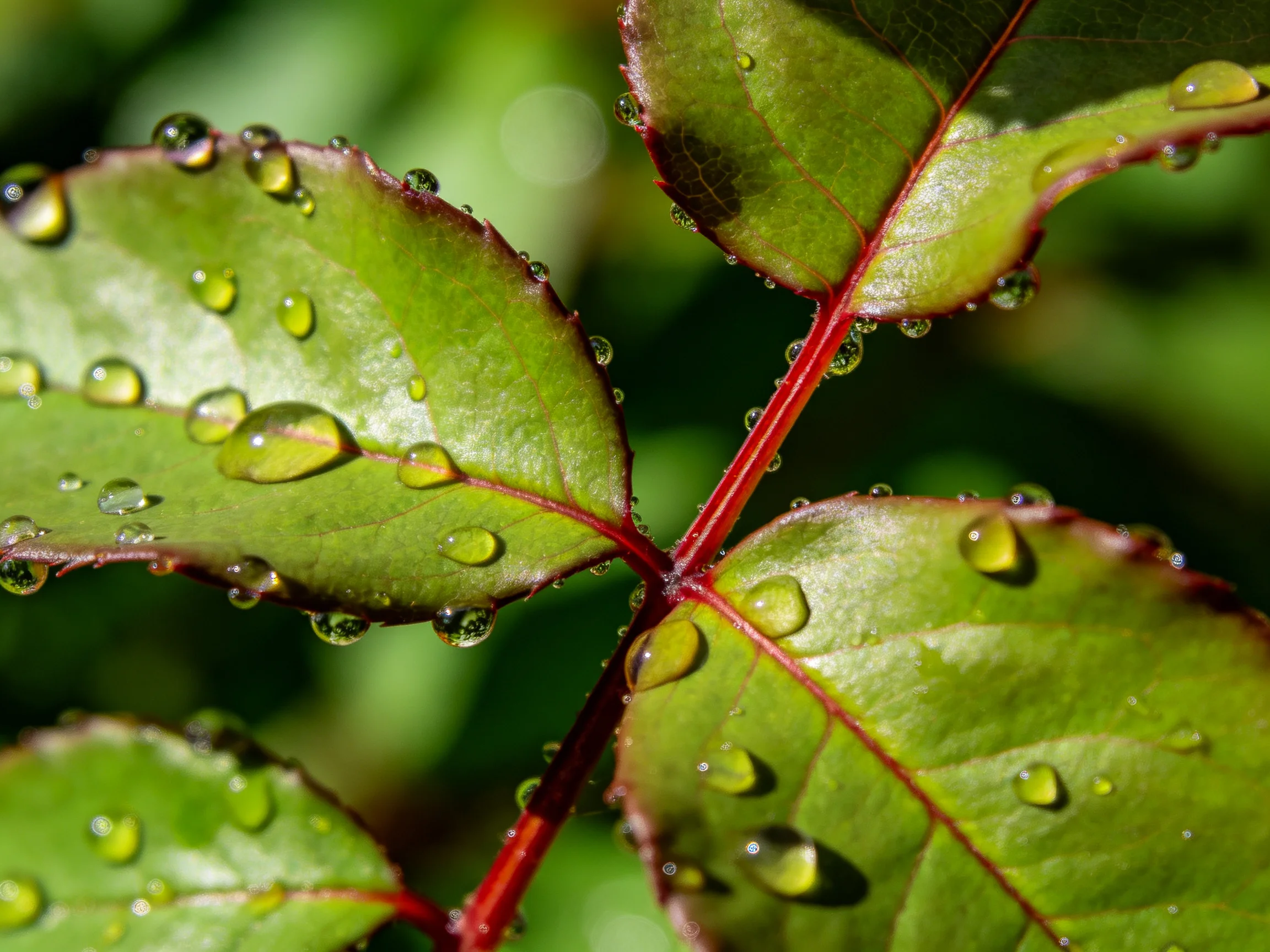 Lush green leaves dotted with numerous sparkling water droplets