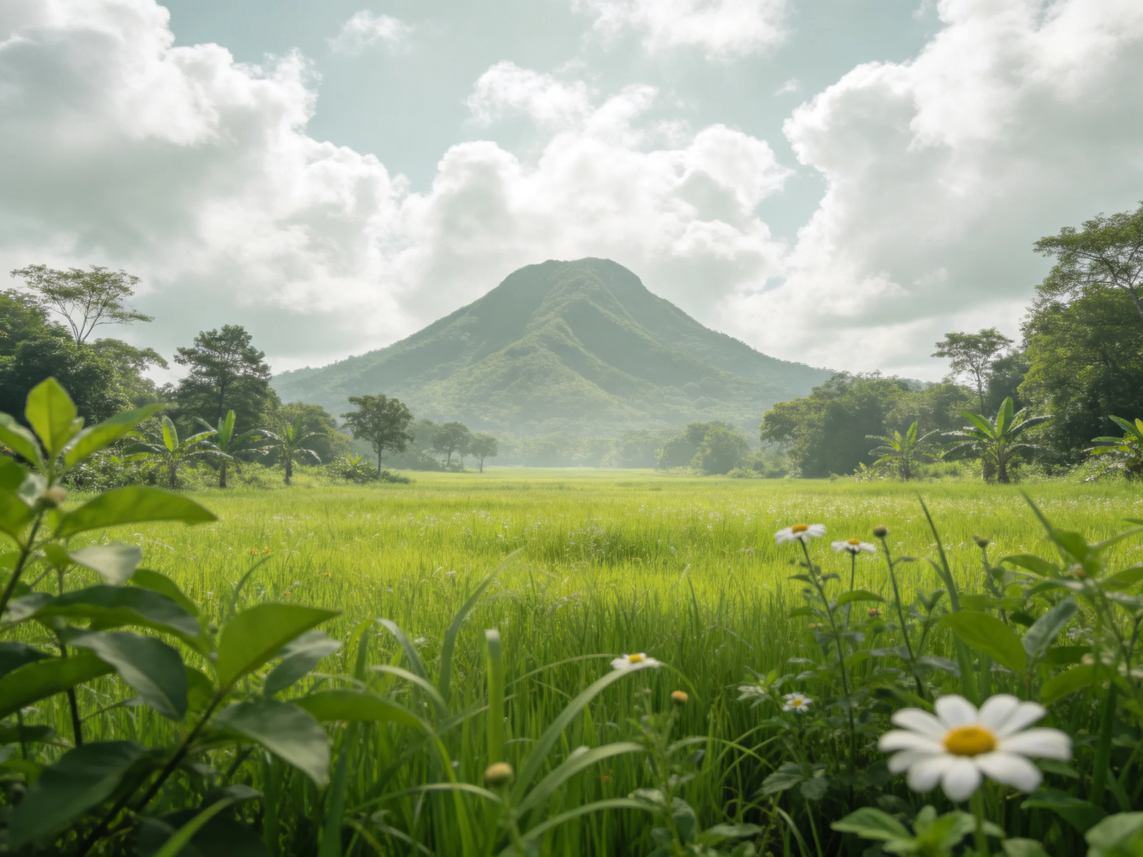 Lush green meadow with wildflowers near misty mountain under cloudy sky