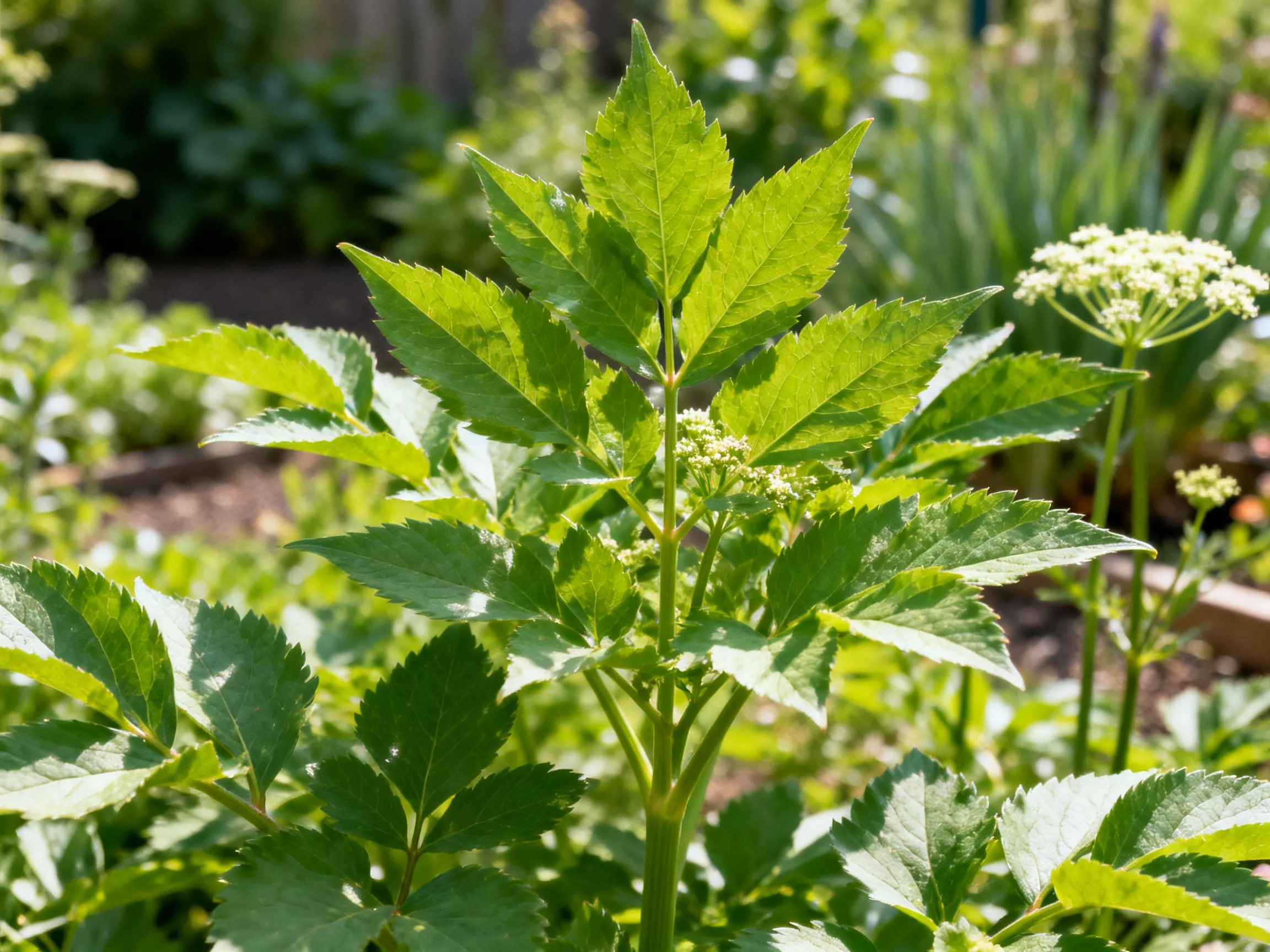Lush green plant with serrated leaves and small white blooms in a garden