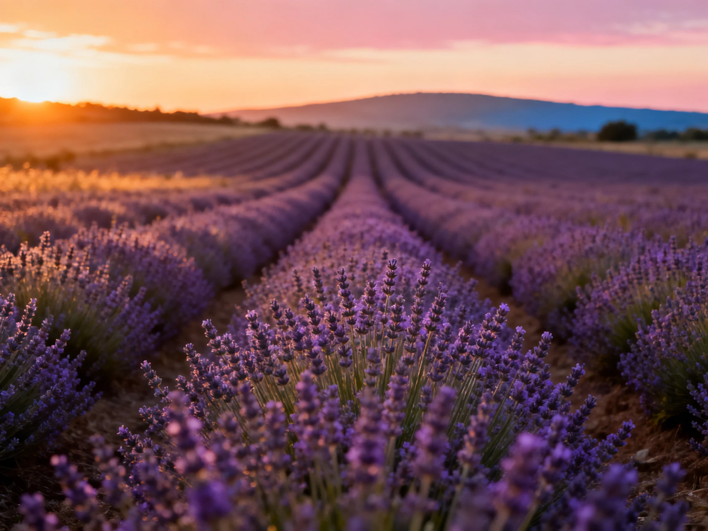 Lush lavender fields illuminated by golden sunset