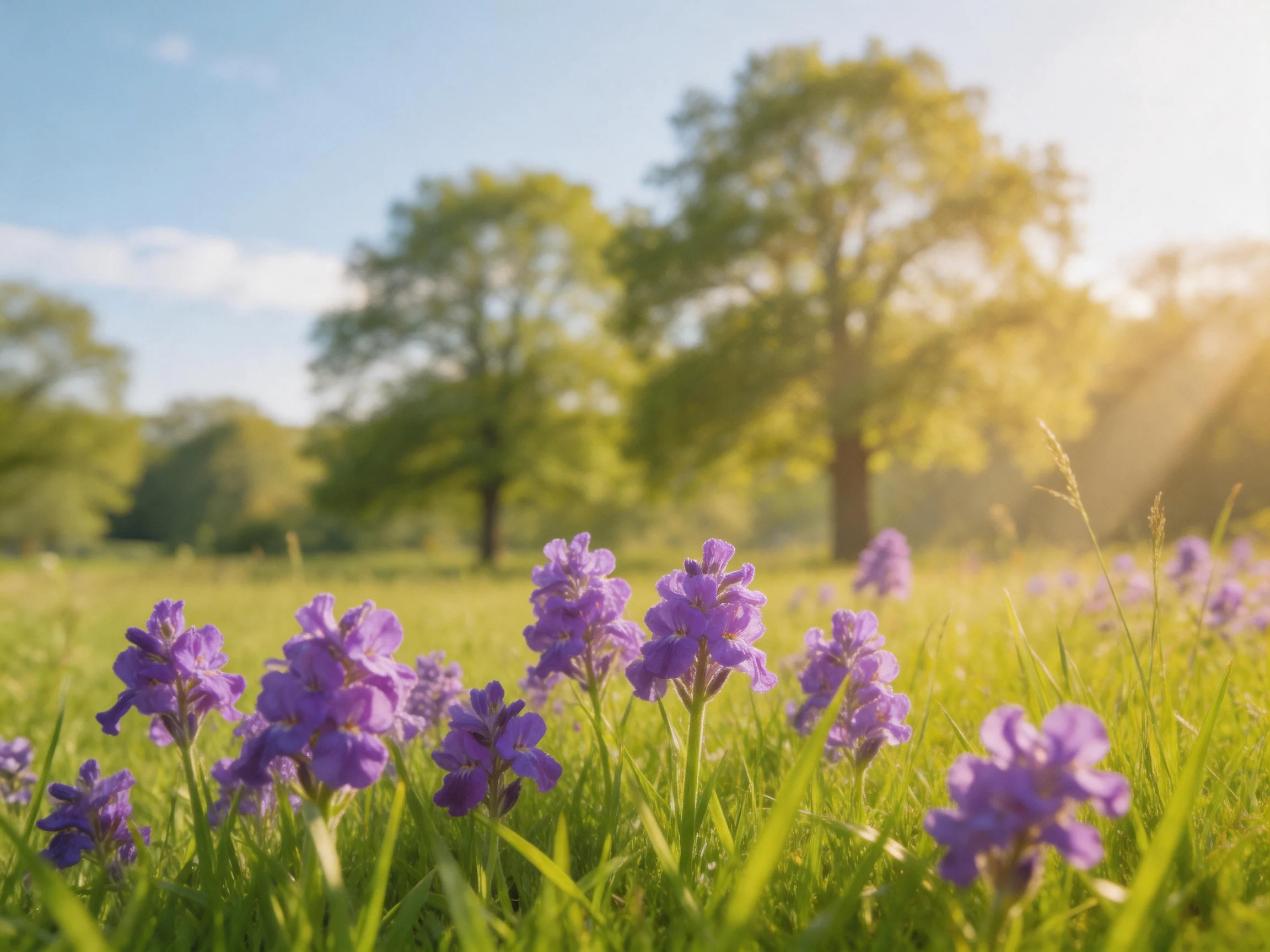 Lush meadow with vibrant purple wildflowers and tall trees
