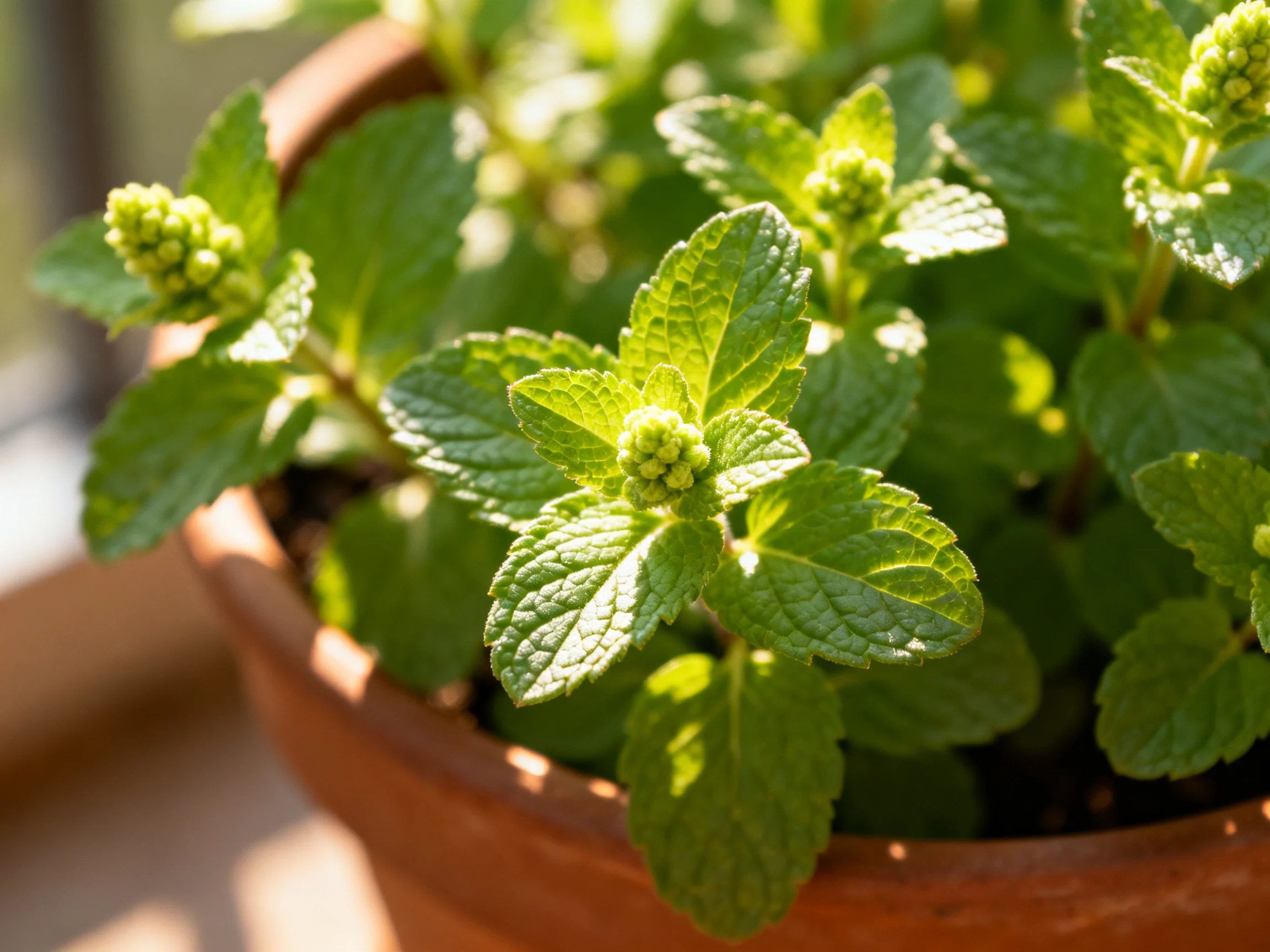 Lush mint plant with vibrant green leaves in a terracotta pot under sunlight