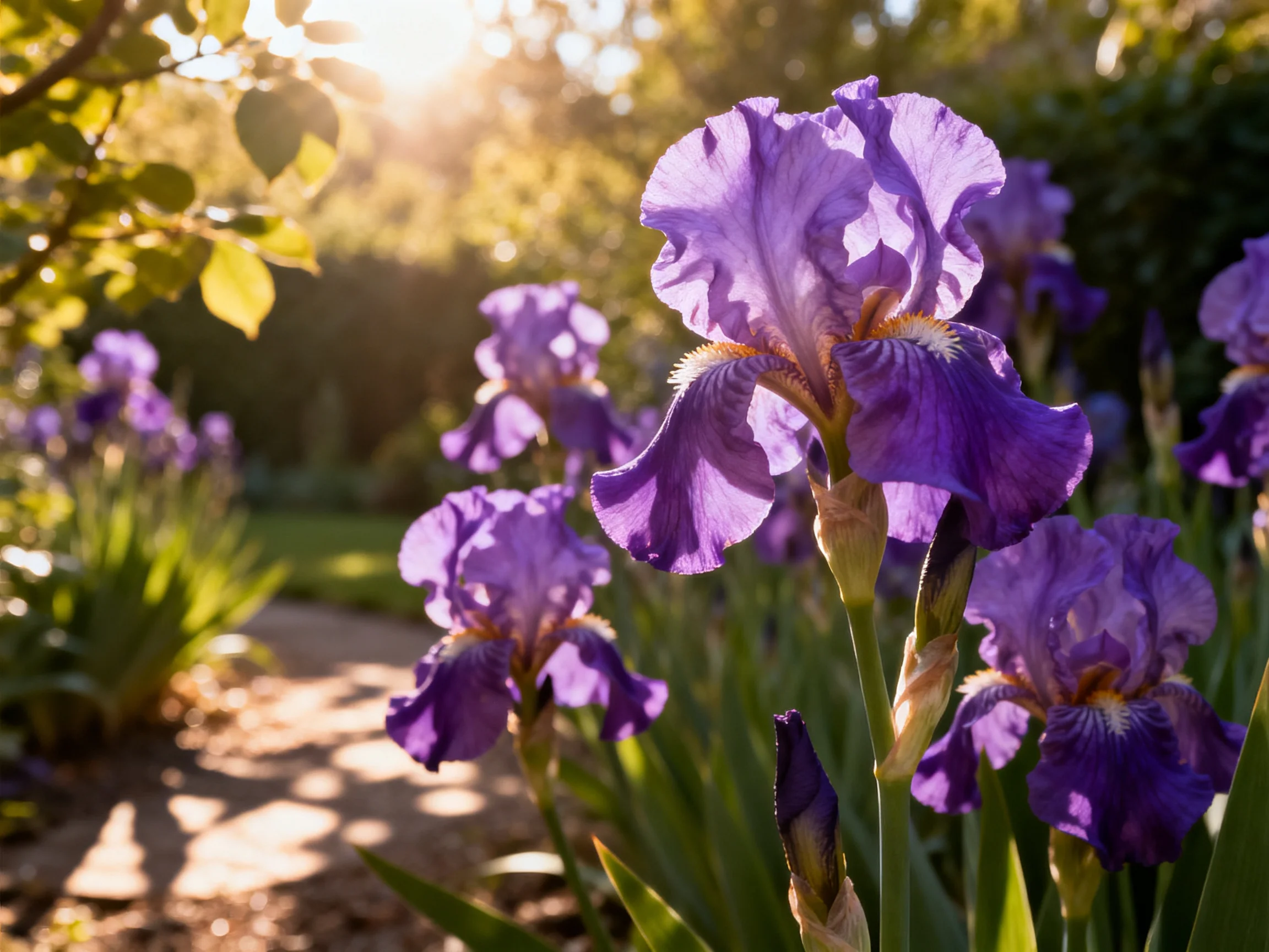 Lush purple iris blooms in a sunlit garden landscape