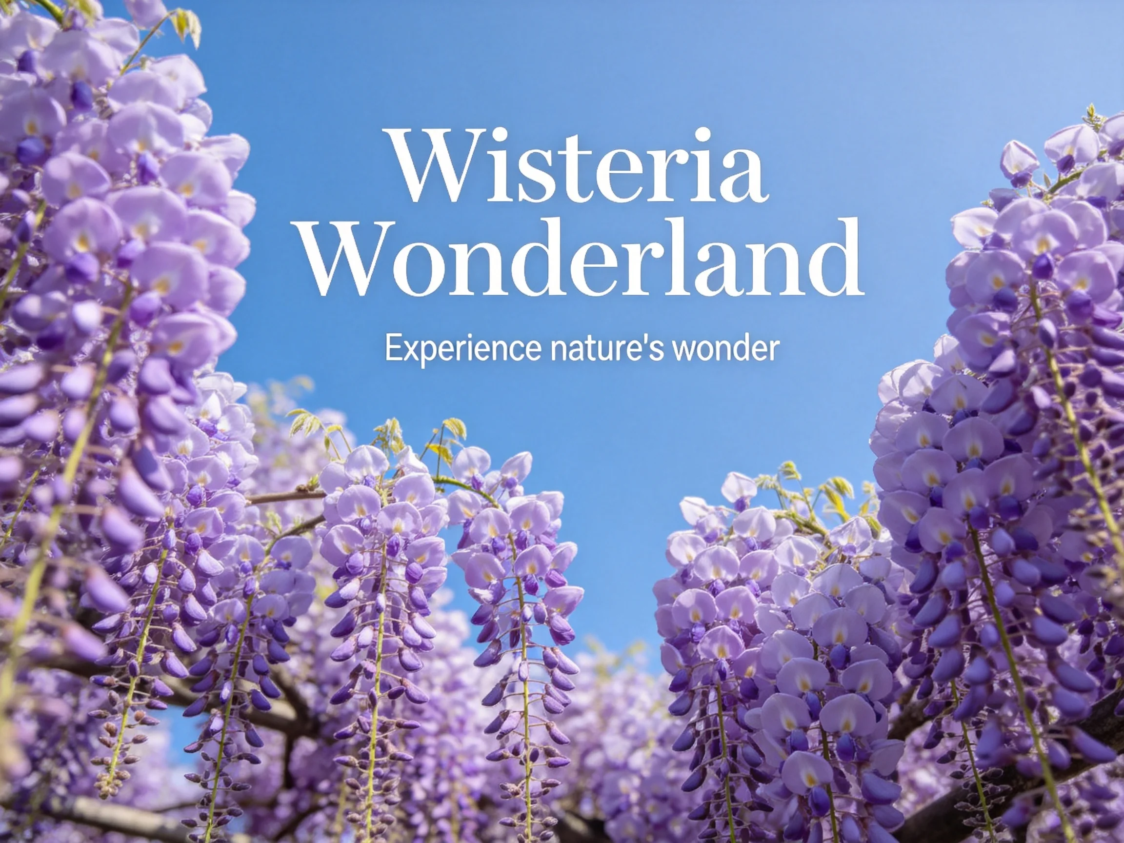 Lush purple wisteria blooms densely fill the frame against a clear blue sky