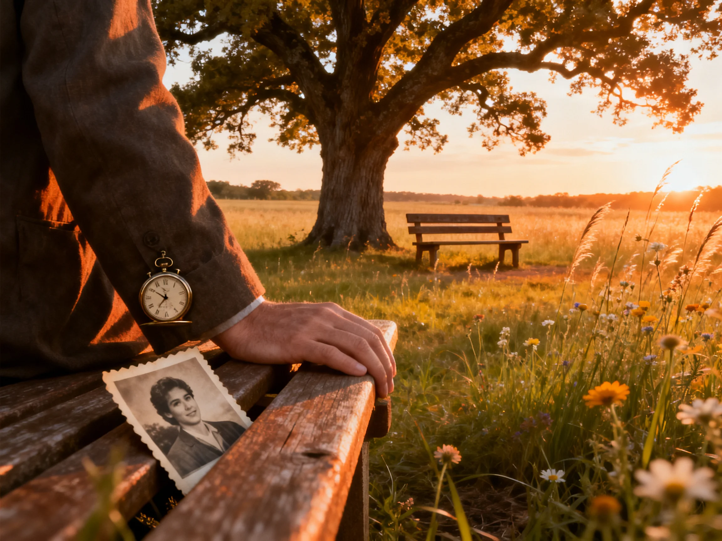 Man in brown suit sits by wooden bench with vintage photo and pocket watch near oak tree at golden ho