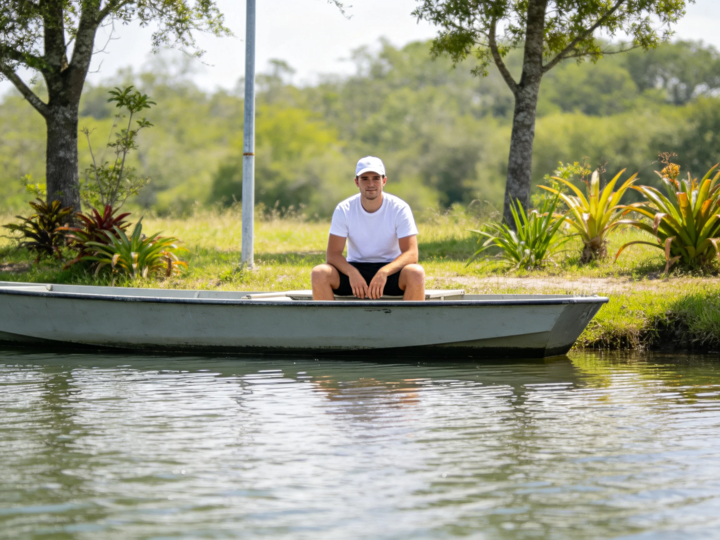 Man in white shirt sitting in gray boat near calm water and greenery