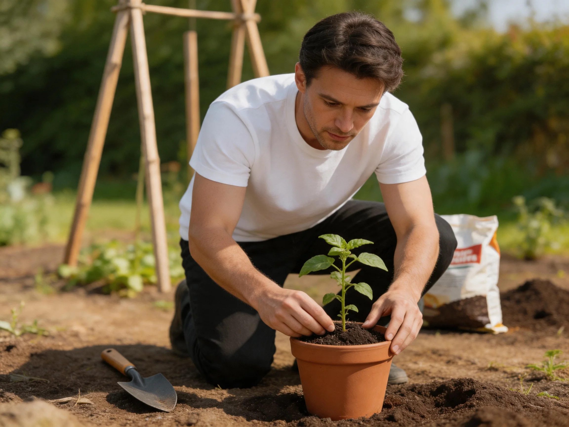 Man planting a small potted plant in a sunny garden