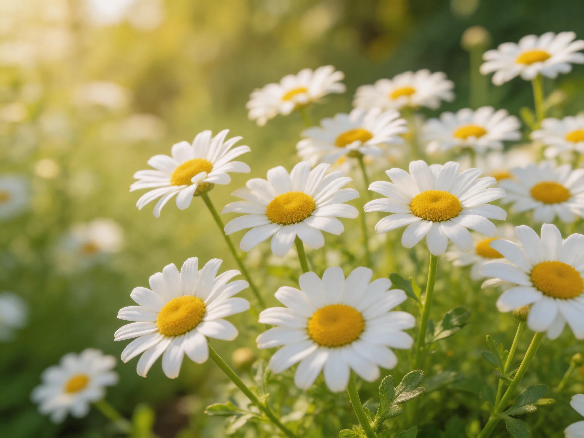 Many white daisies with bright yellow centers bloom in a sunlit meadow