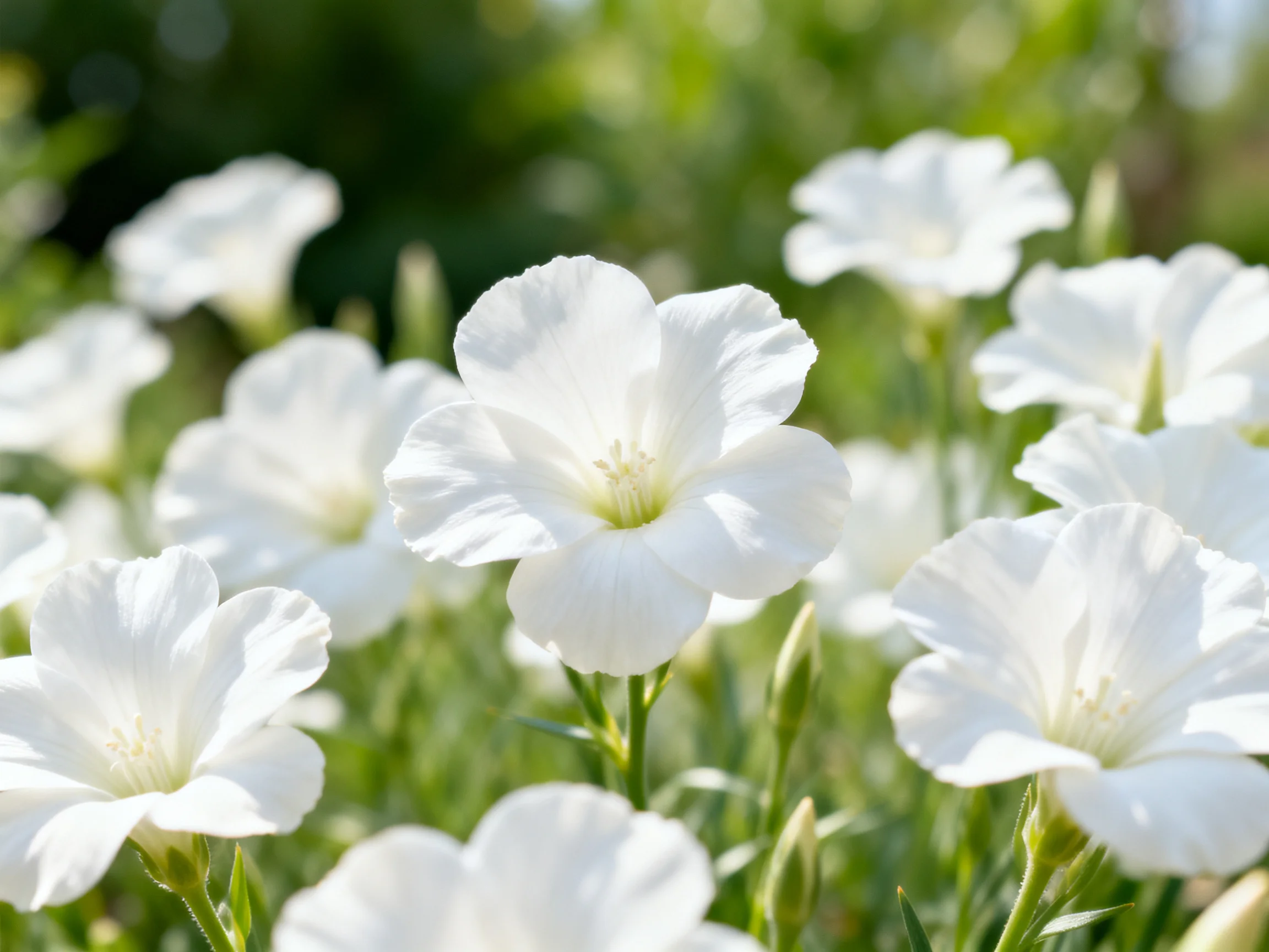Many white flowers bloom among green foliage