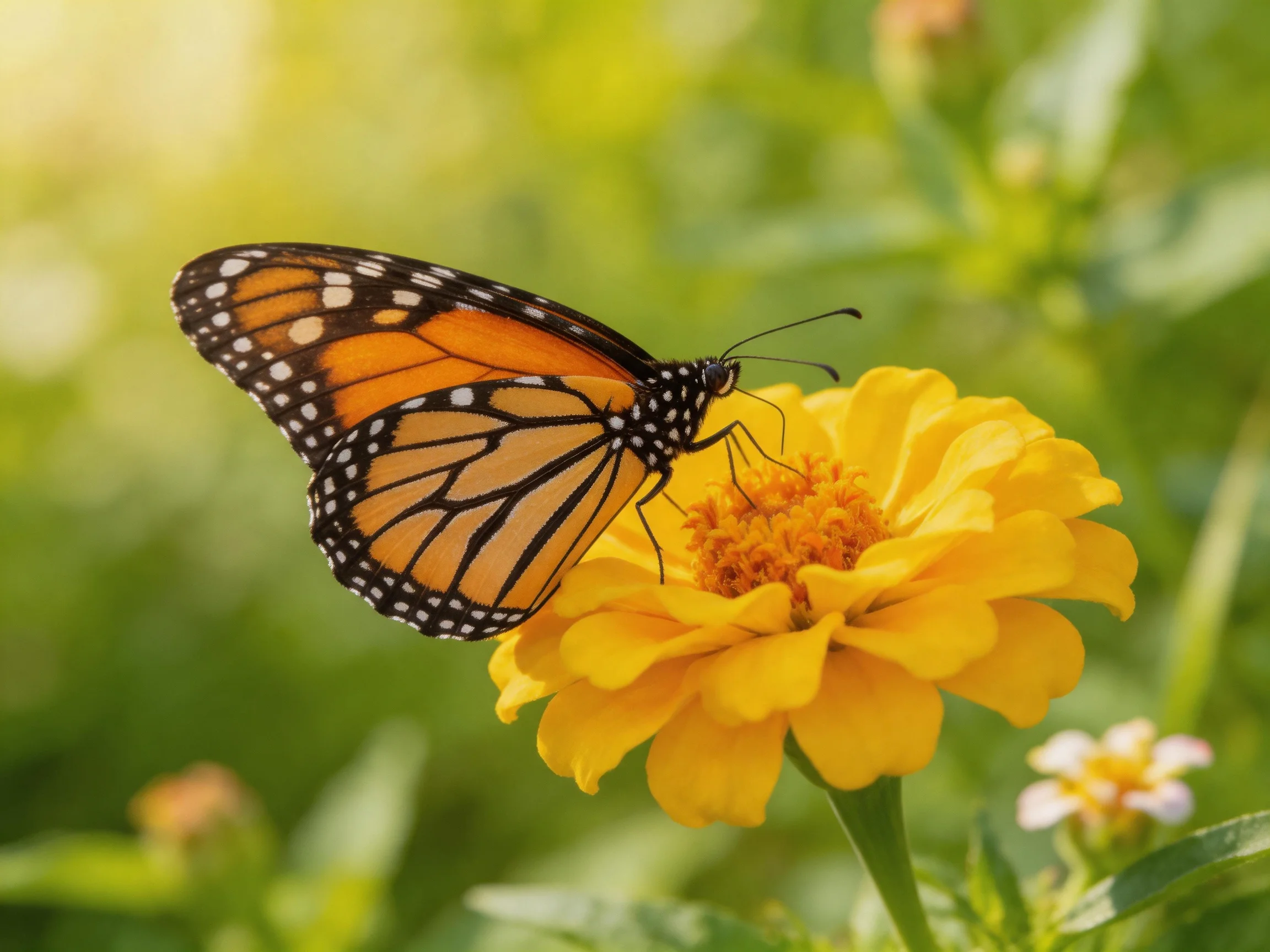 Monarch Butterfly Feeding on a Bright Yellow Zinnia Flower