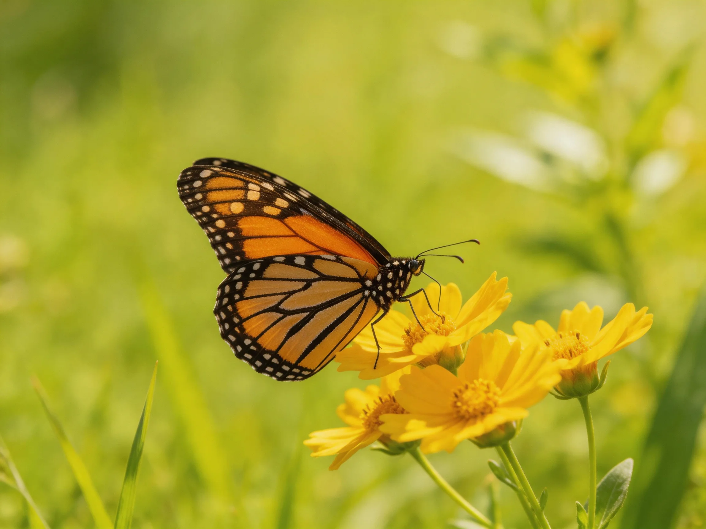 Monarch butterfly on yellow flowers in green field