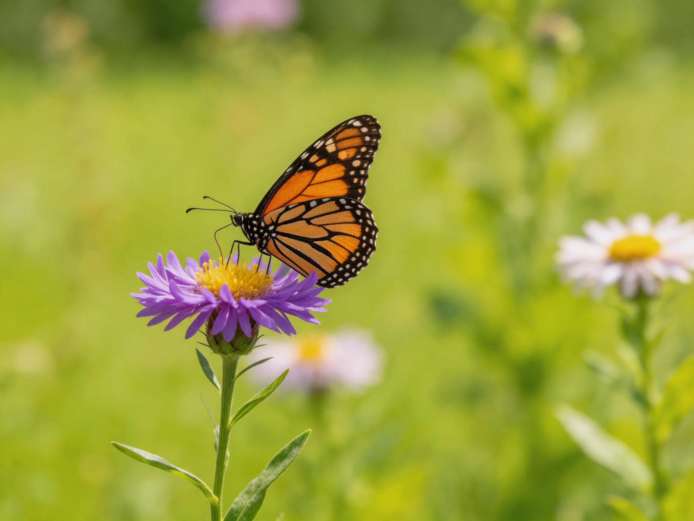 Monarch butterfly perched on a bright purple aster in a lush green meadow