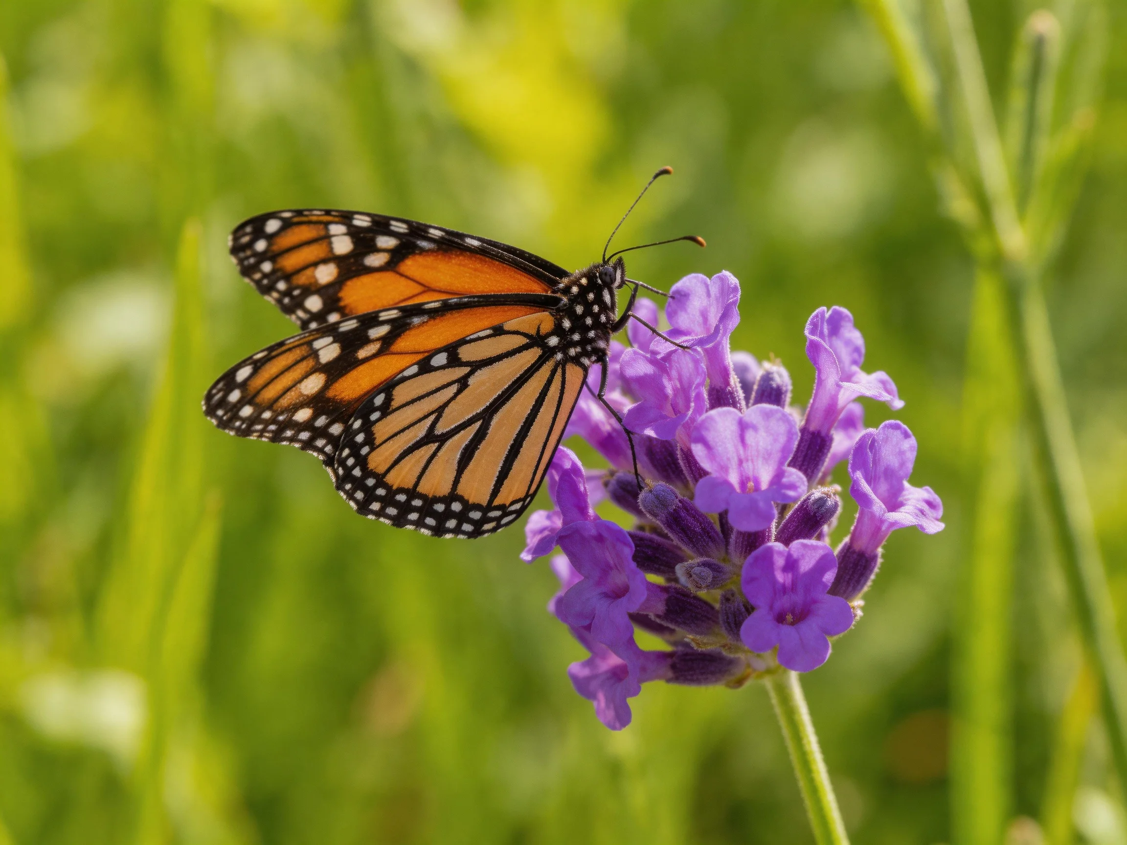 Monarch butterfly perched on vibrant purple lavender in a green landscape
