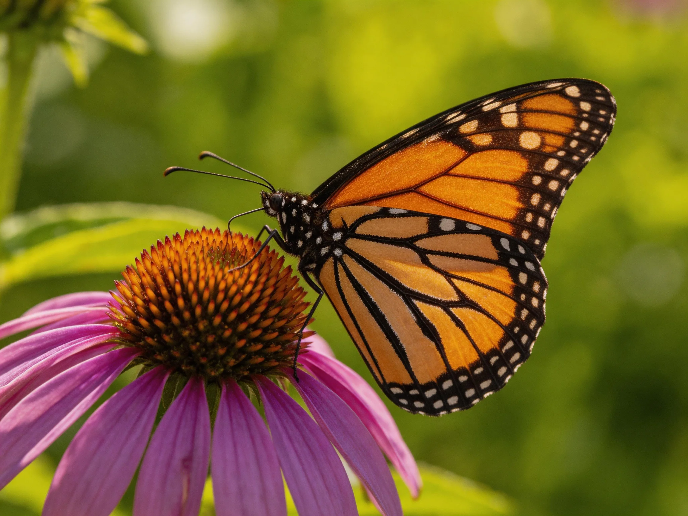 Monarch butterfly perches on vibrant purple coneflower with orange center