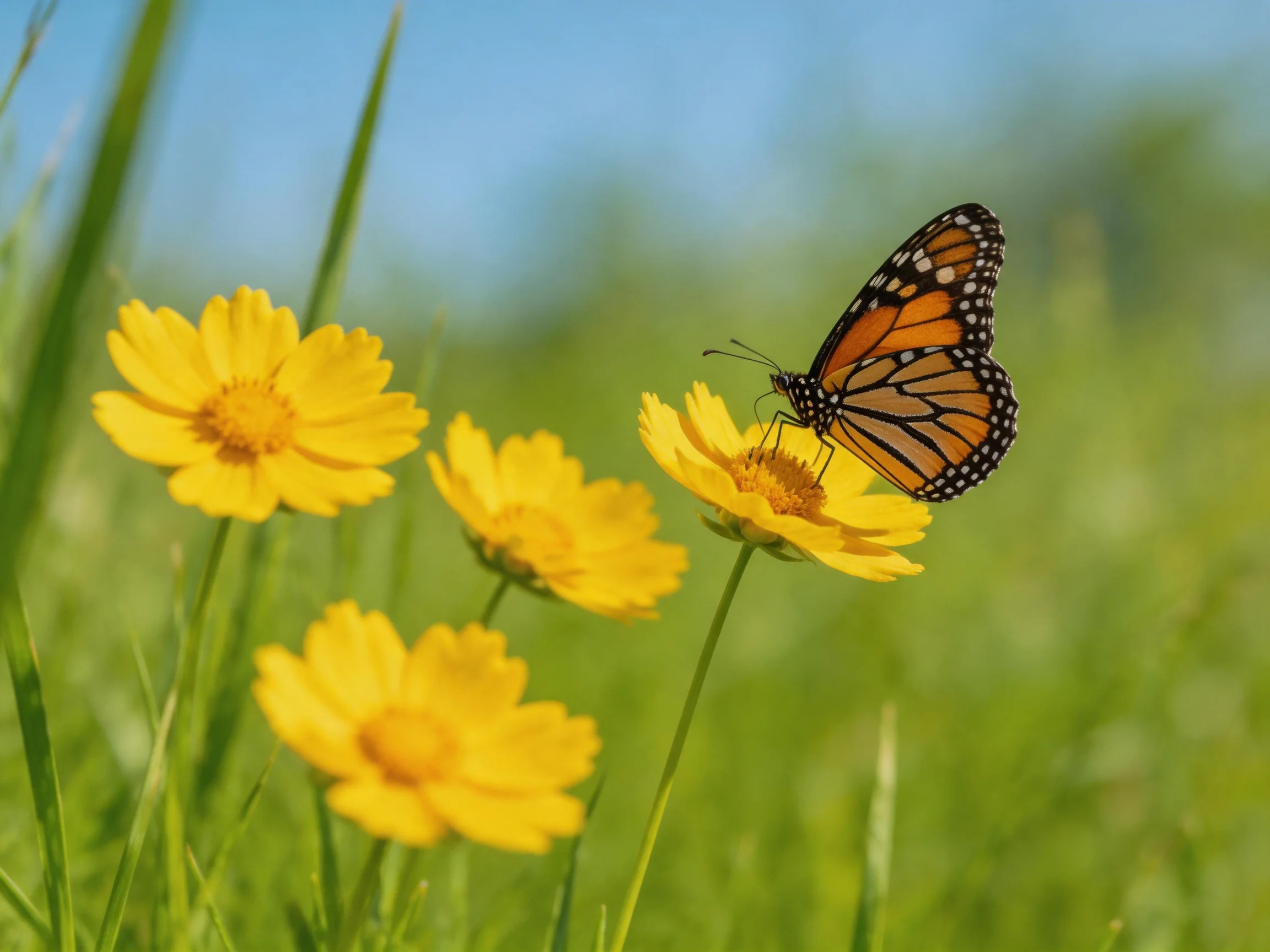 Monarch butterfly resting on bright yellow wildflowers in a sunlit meadow