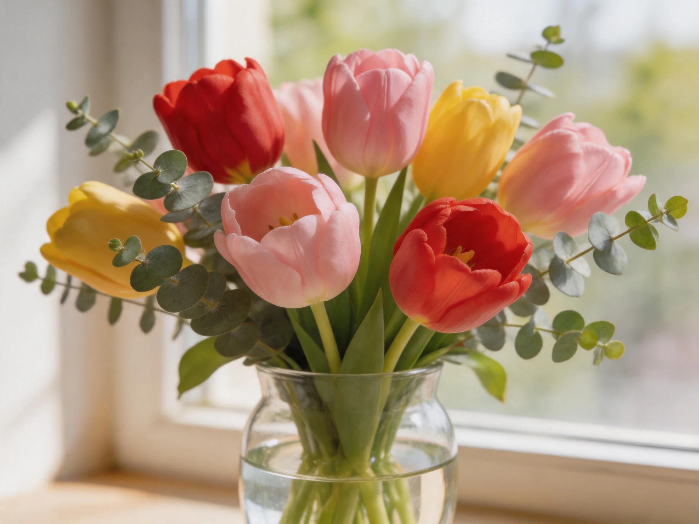 Multicolored tulips and eucalyptus in a glass vase by a sunny window