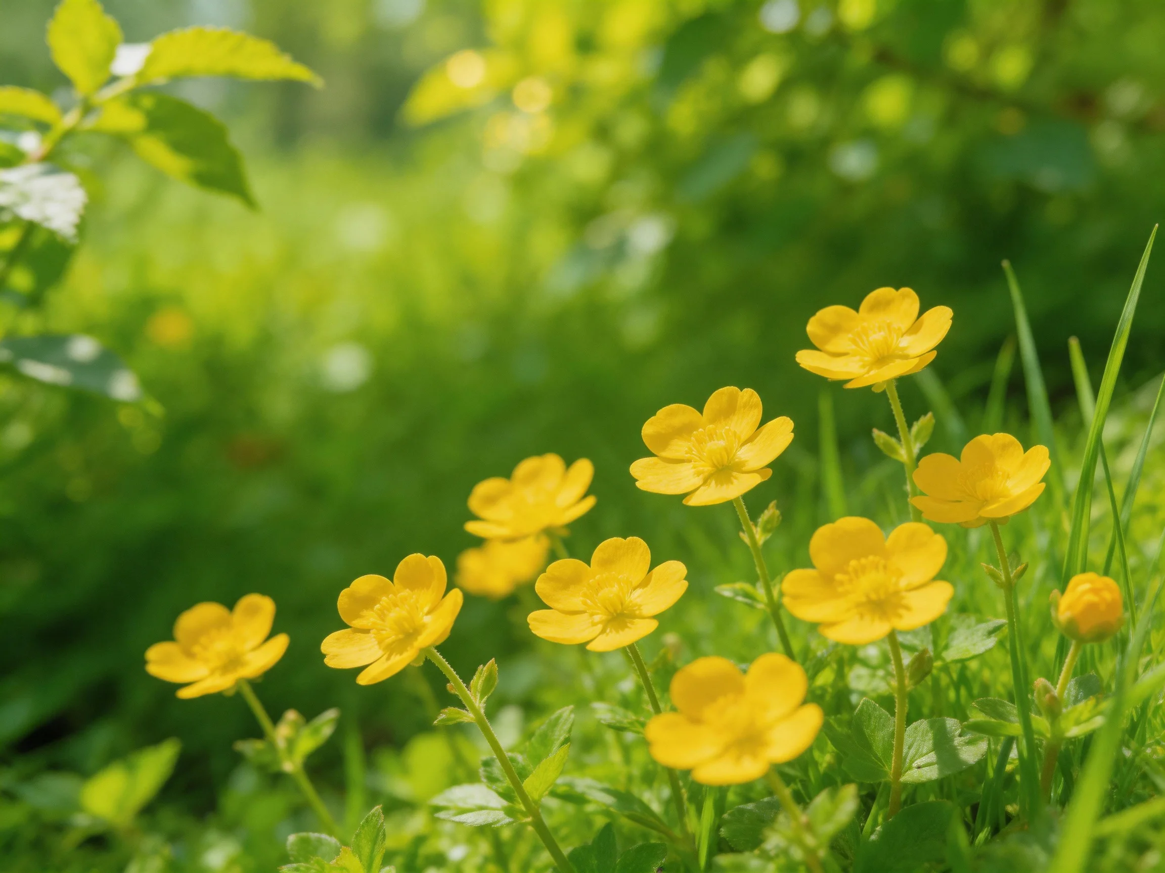 Multiple Bright Yellow Wildflowers Among Dense Greenery