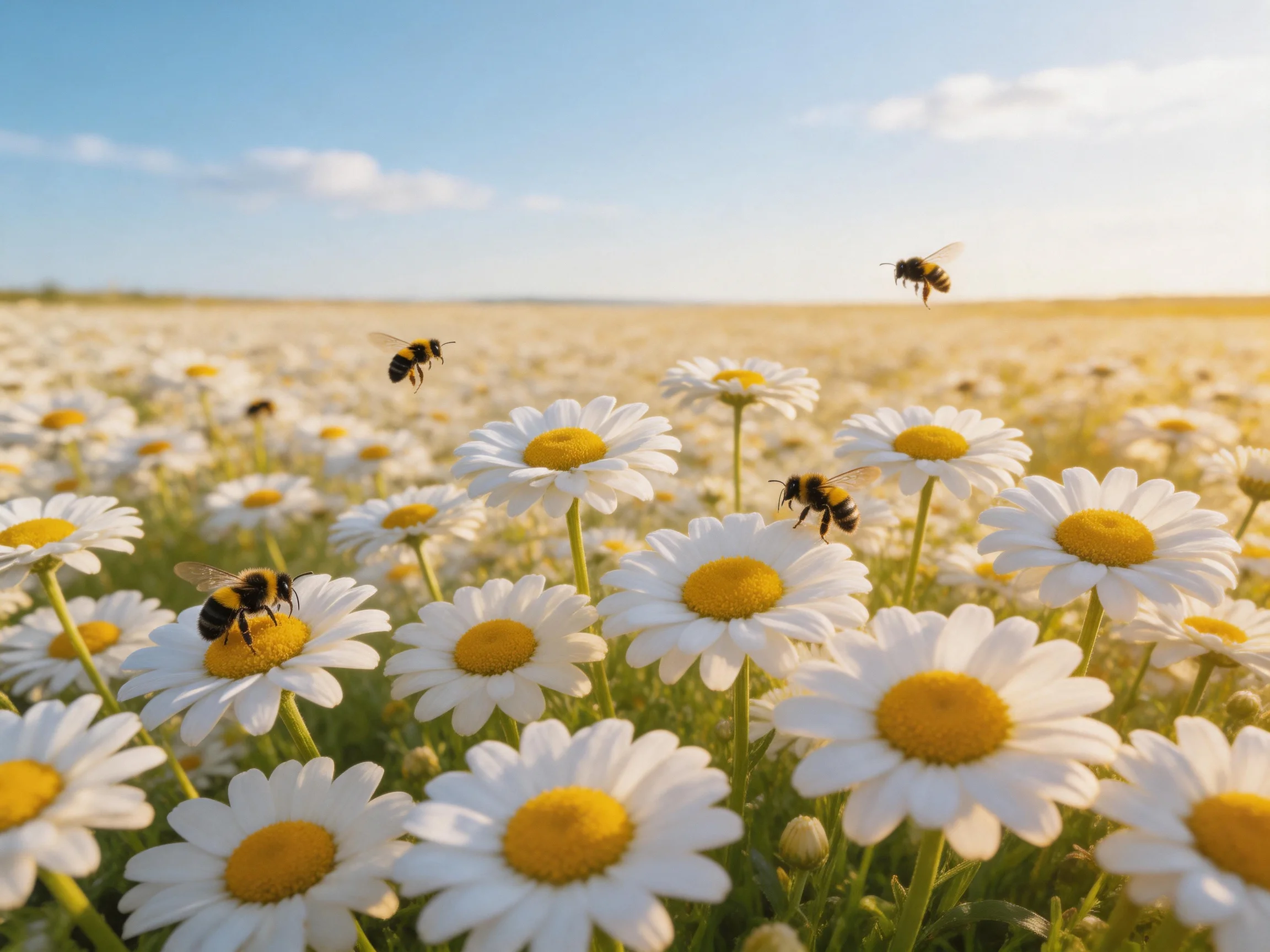 Multiple bees pollinate white daisies in a sunlit meadow