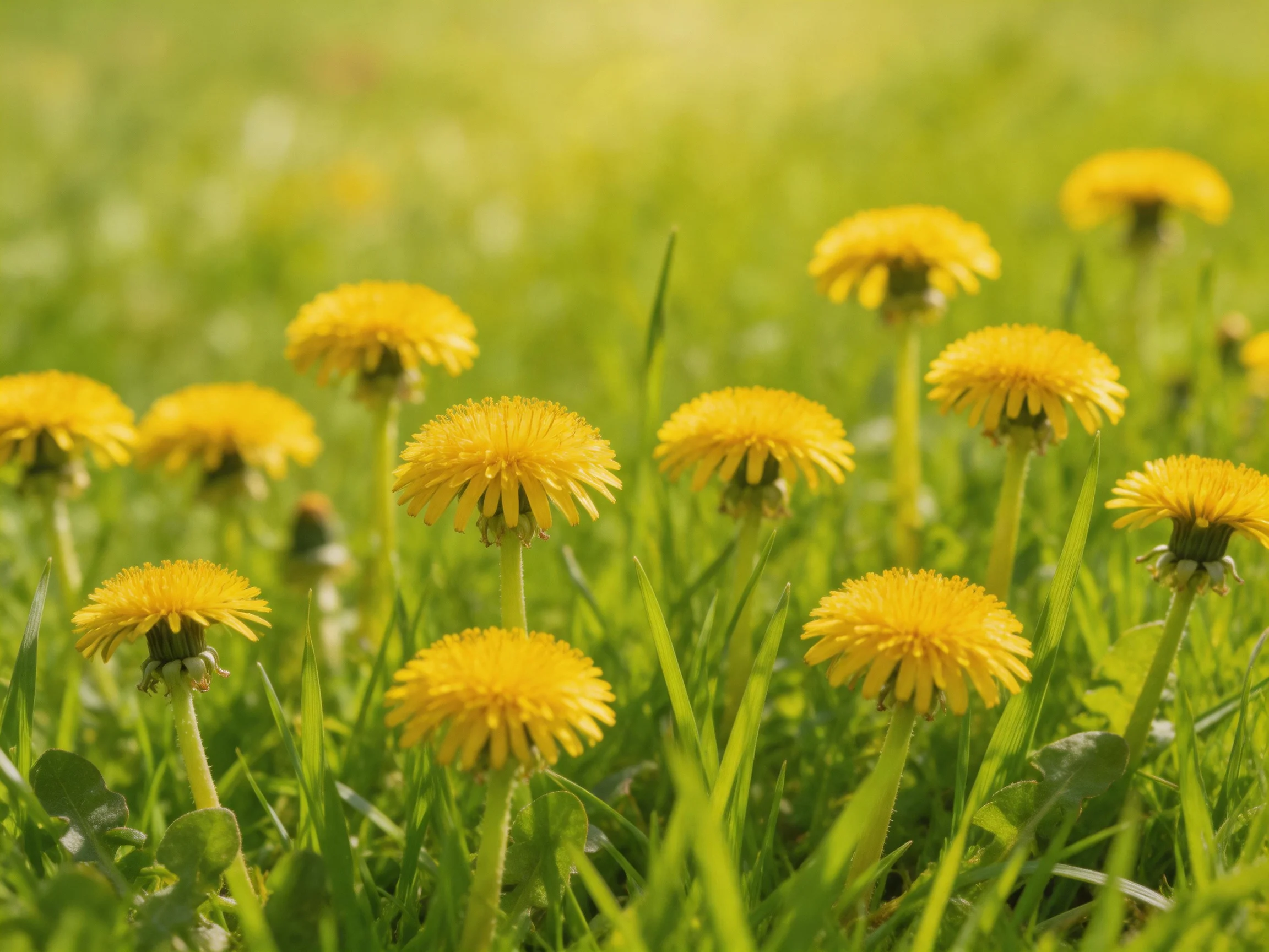 Multiple bright yellow dandelions in lush green grass