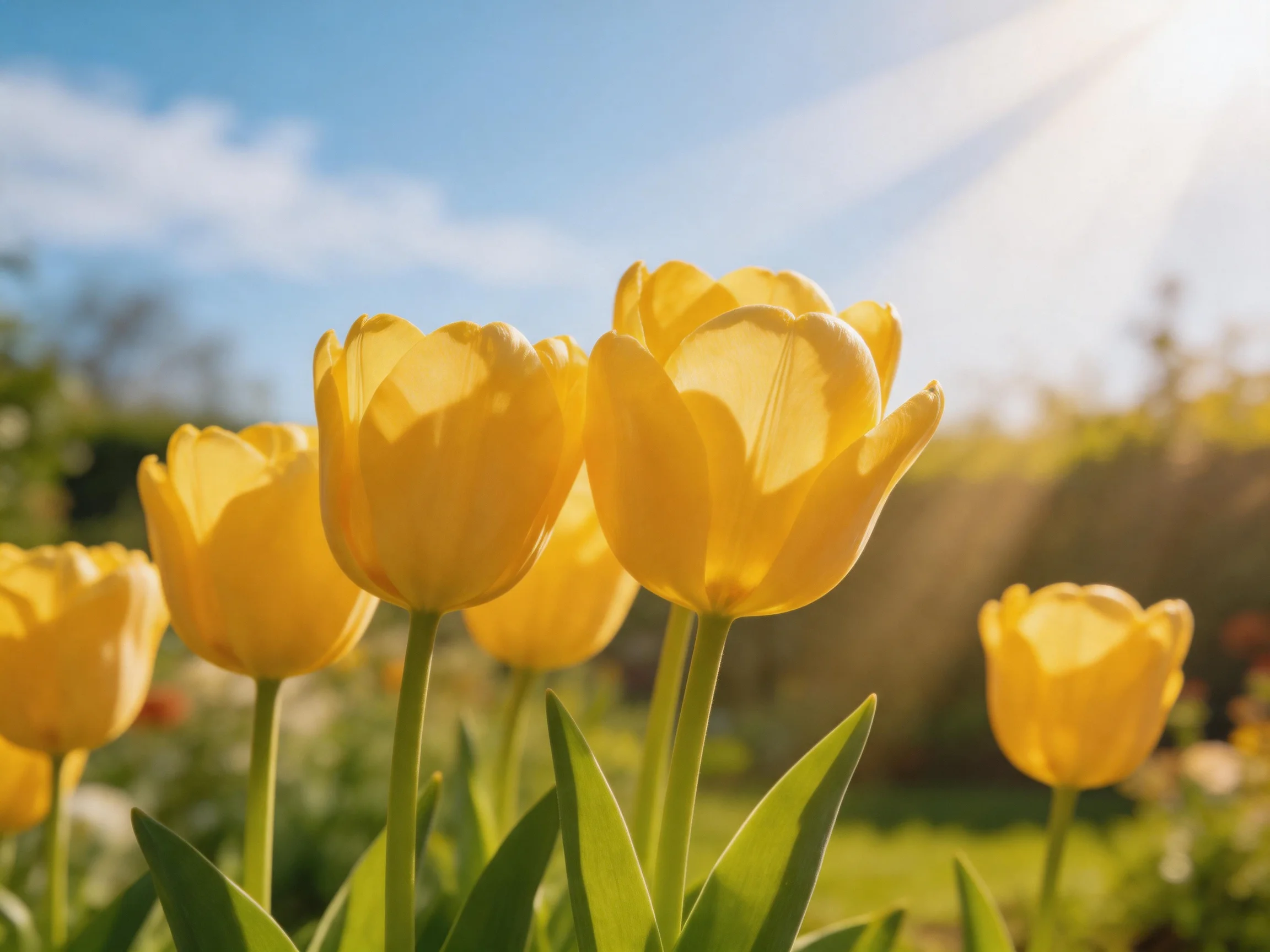Multiple bright yellow tulips bloom under sunny skies in a garden