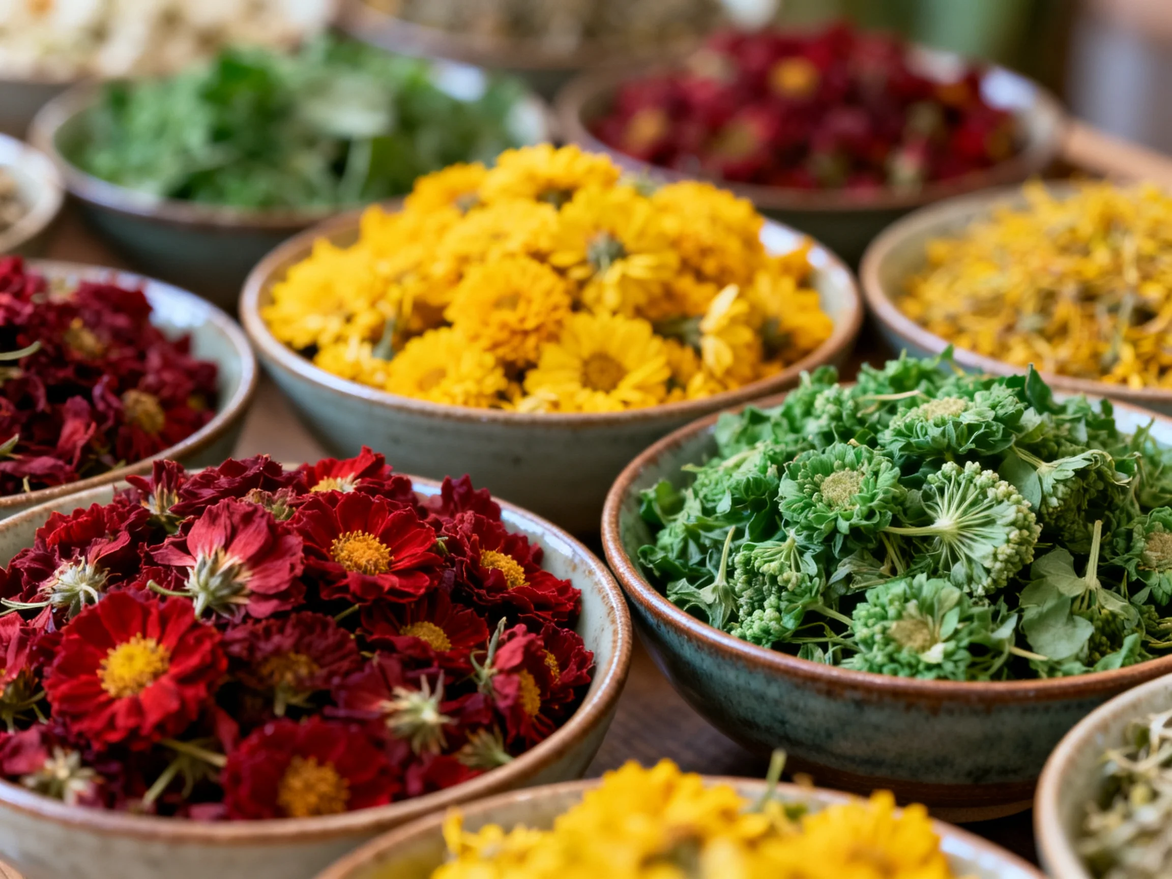 Multiple ceramic bowls display vibrant dried flowers in diverse colors.