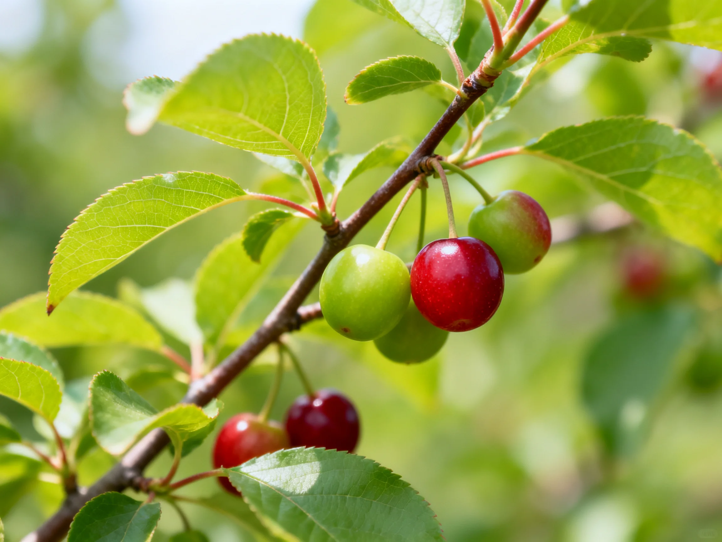 Multiple cherries in red and green hues hang from a leafy branch