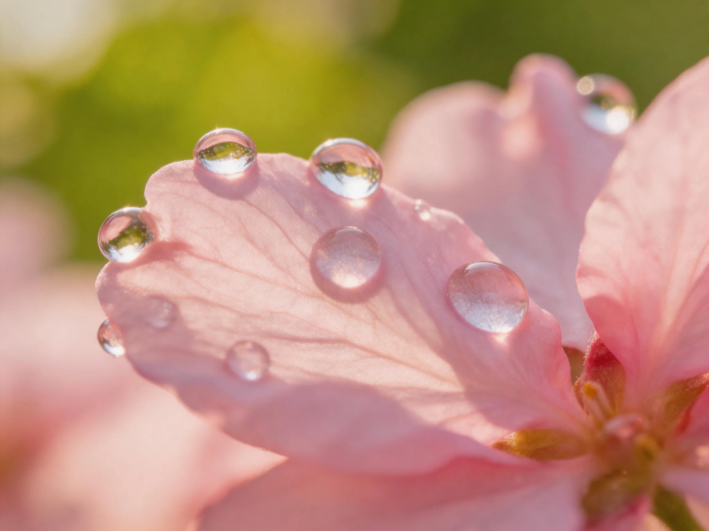 Multiple clear water droplets on delicate pink flower petals
