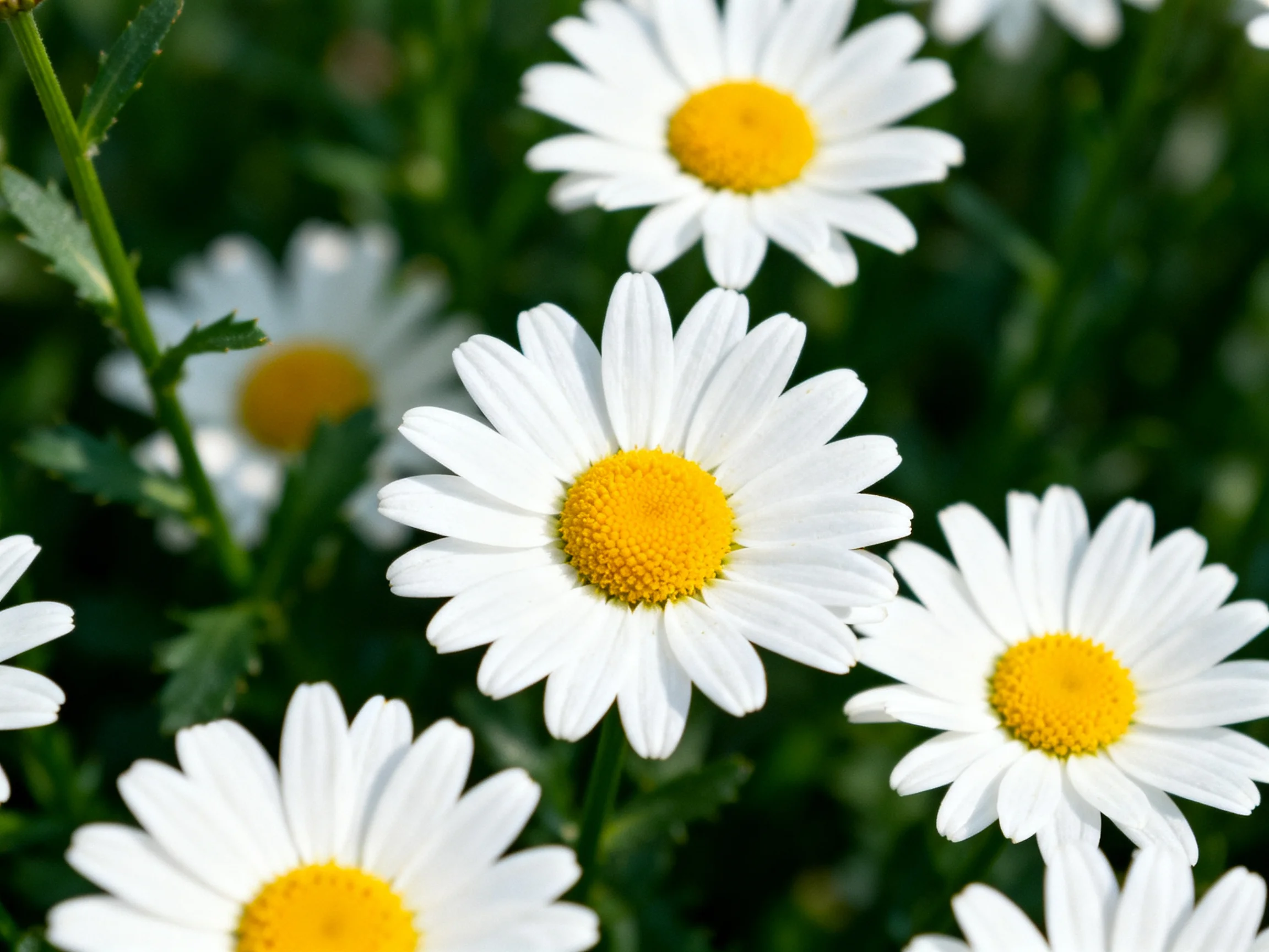 Multiple daisies with white petals and yellow centers in a lush green setting