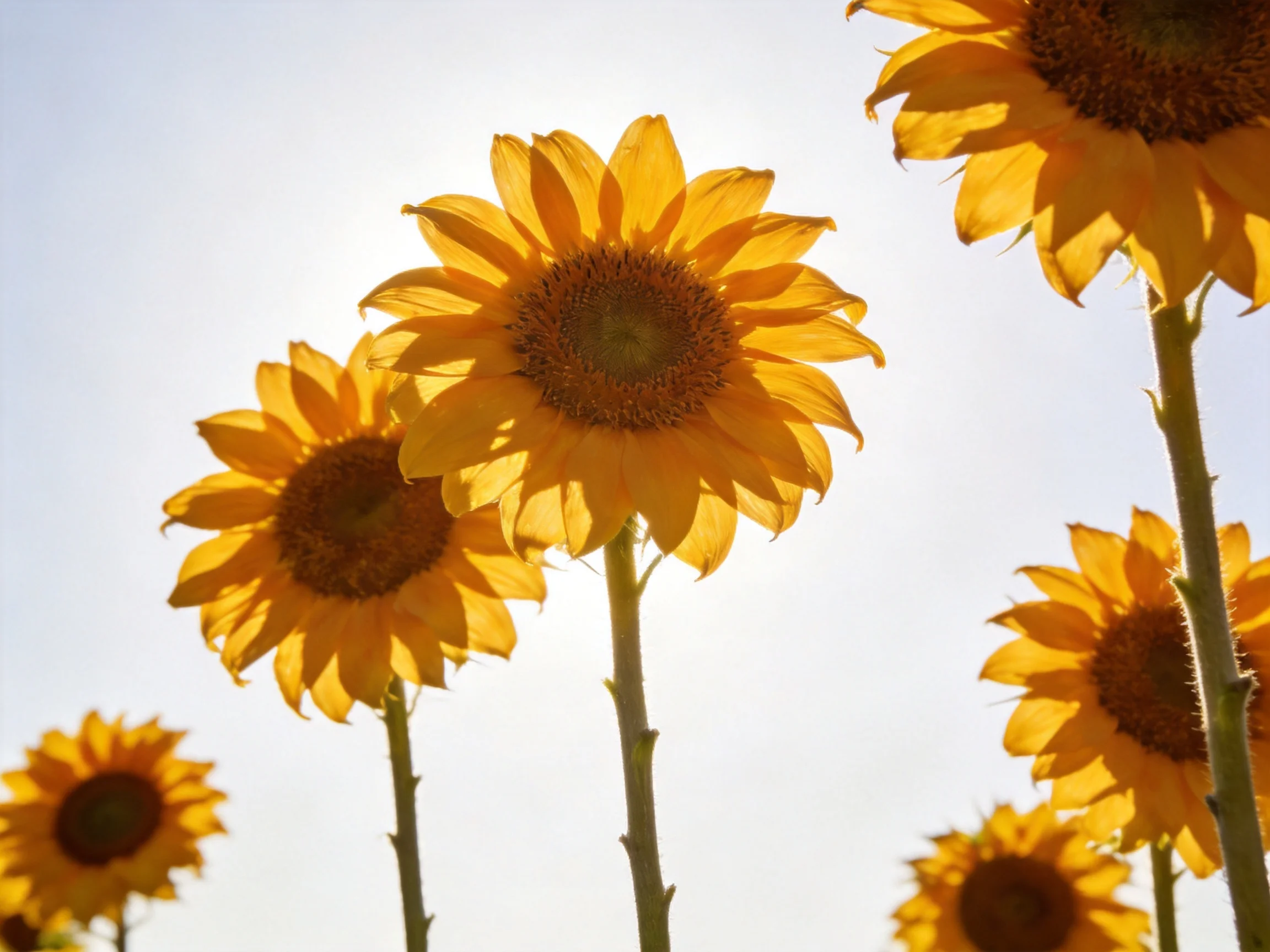 Multiple golden sunflowers bloom under a sunny sky
