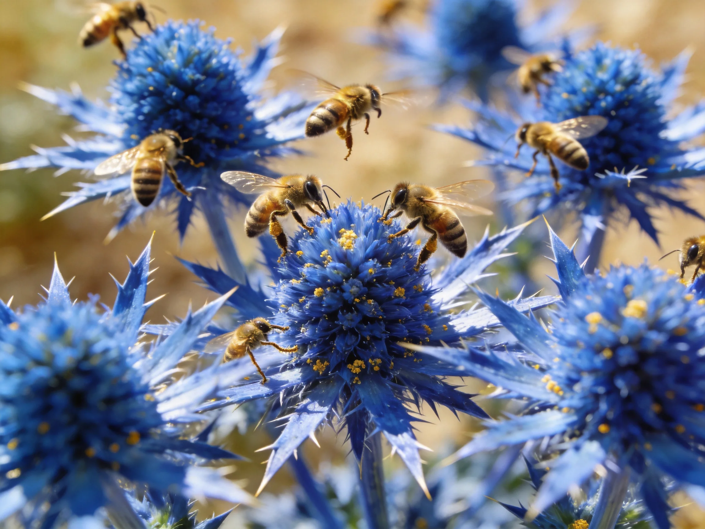 Multiple honeybees gathering nectar from vivid blue thistle flowers