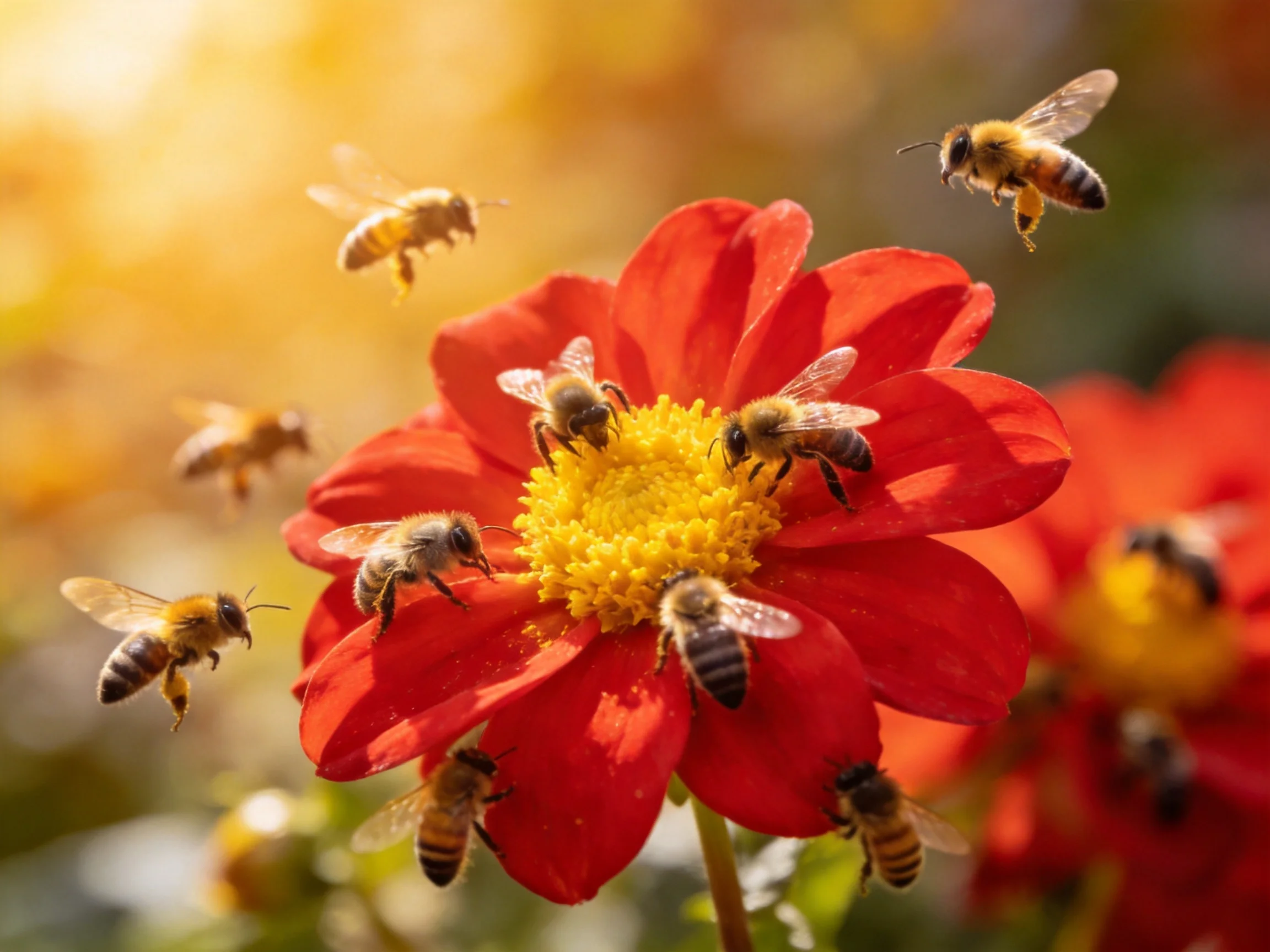 Multiple honeybees swarm a vibrant red flower with a yellow center