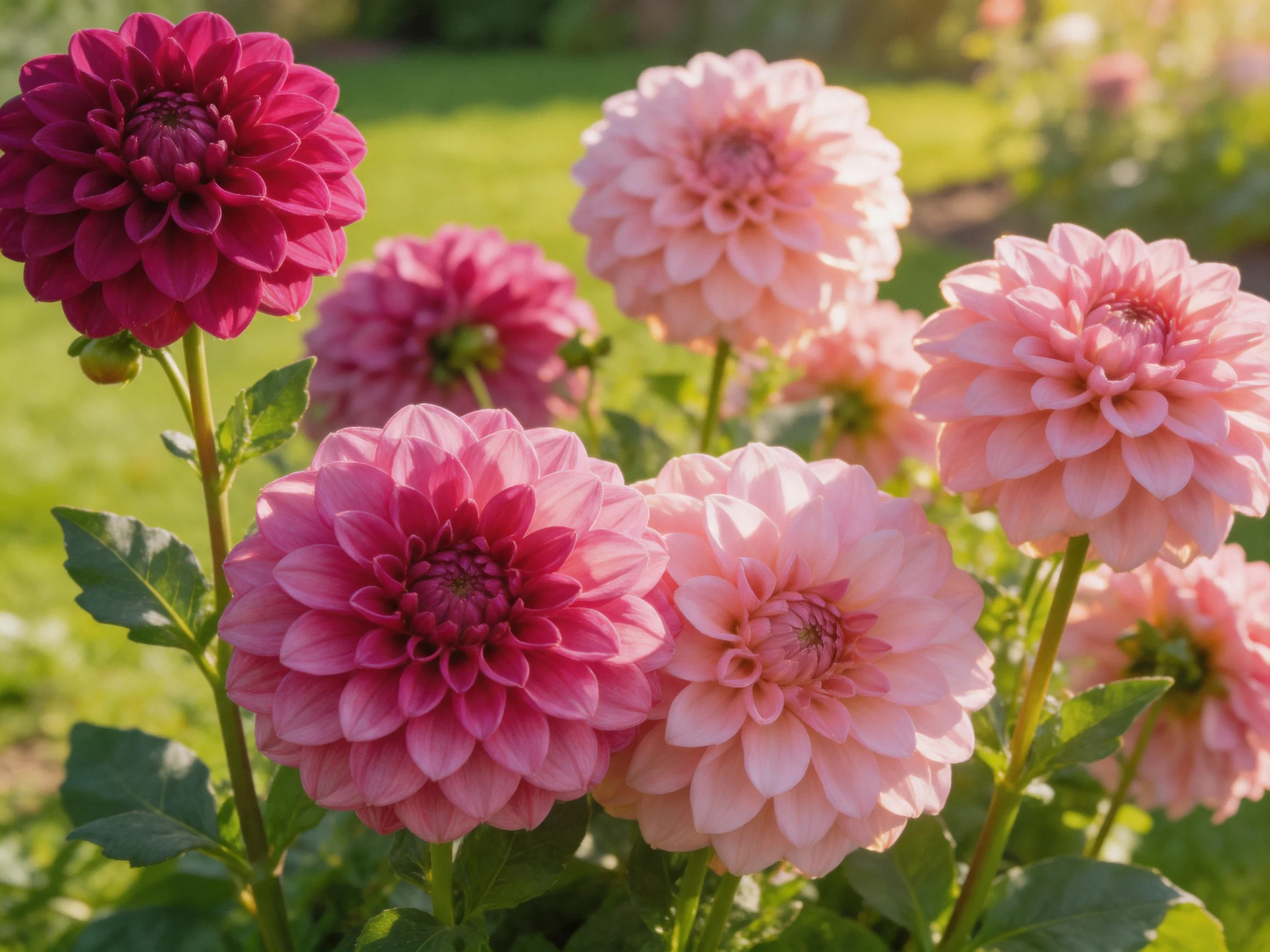 Multiple pink and maroon dahlias bloom in a sunlit garden