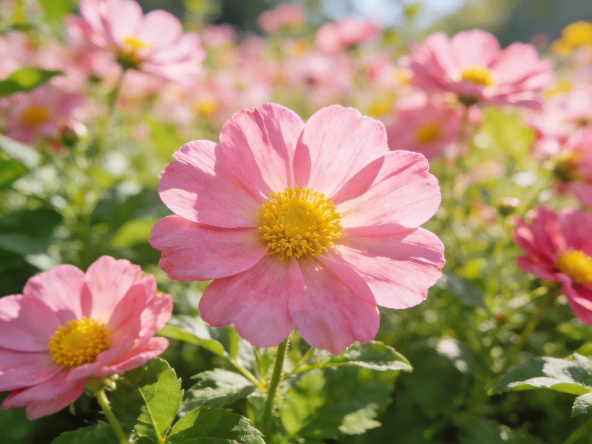 Multiple pink cosmos flowers with yellow centers in a sunlit garden