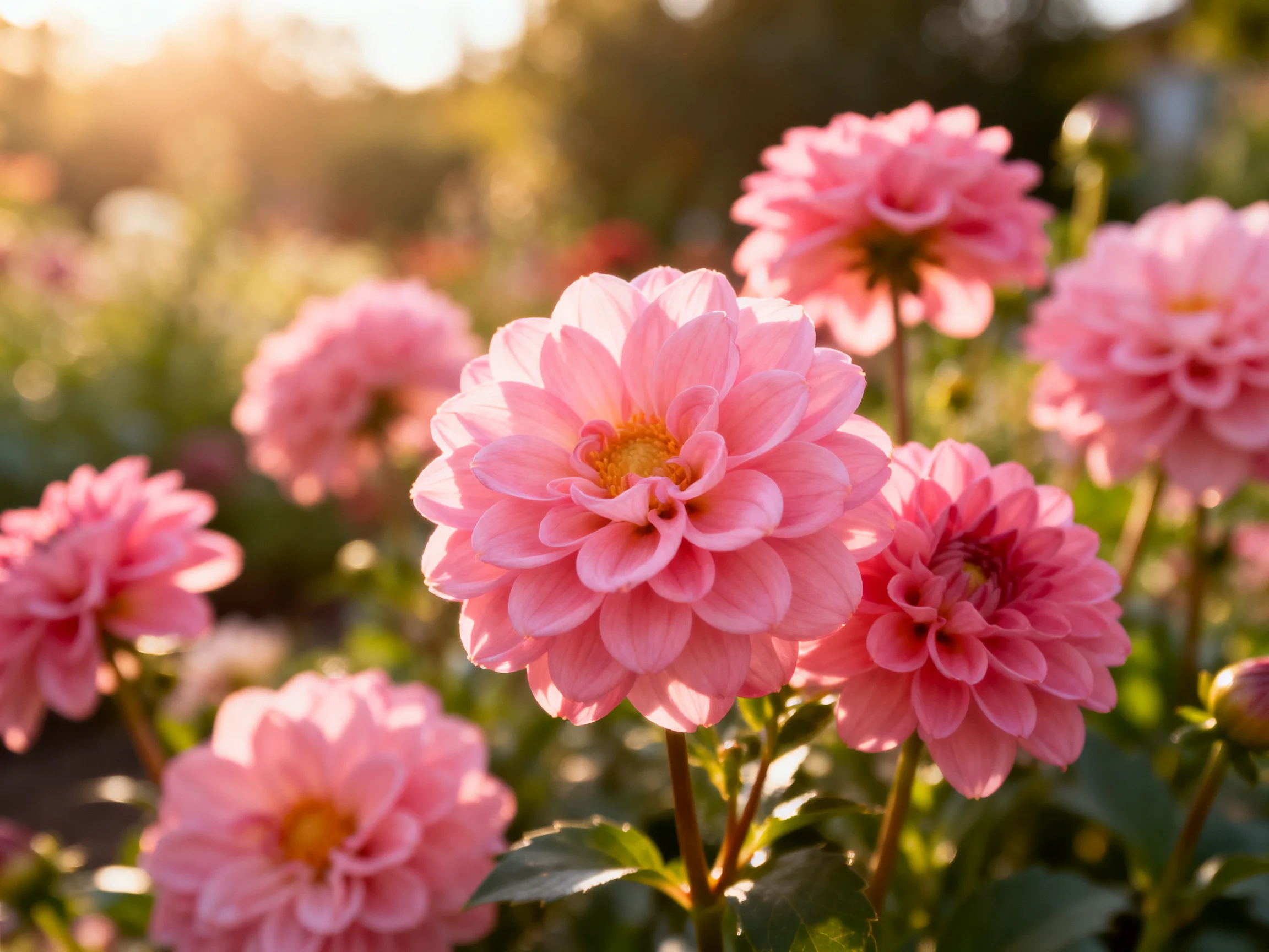 Multiple pink dahlia blooms illuminated by warm sunlight