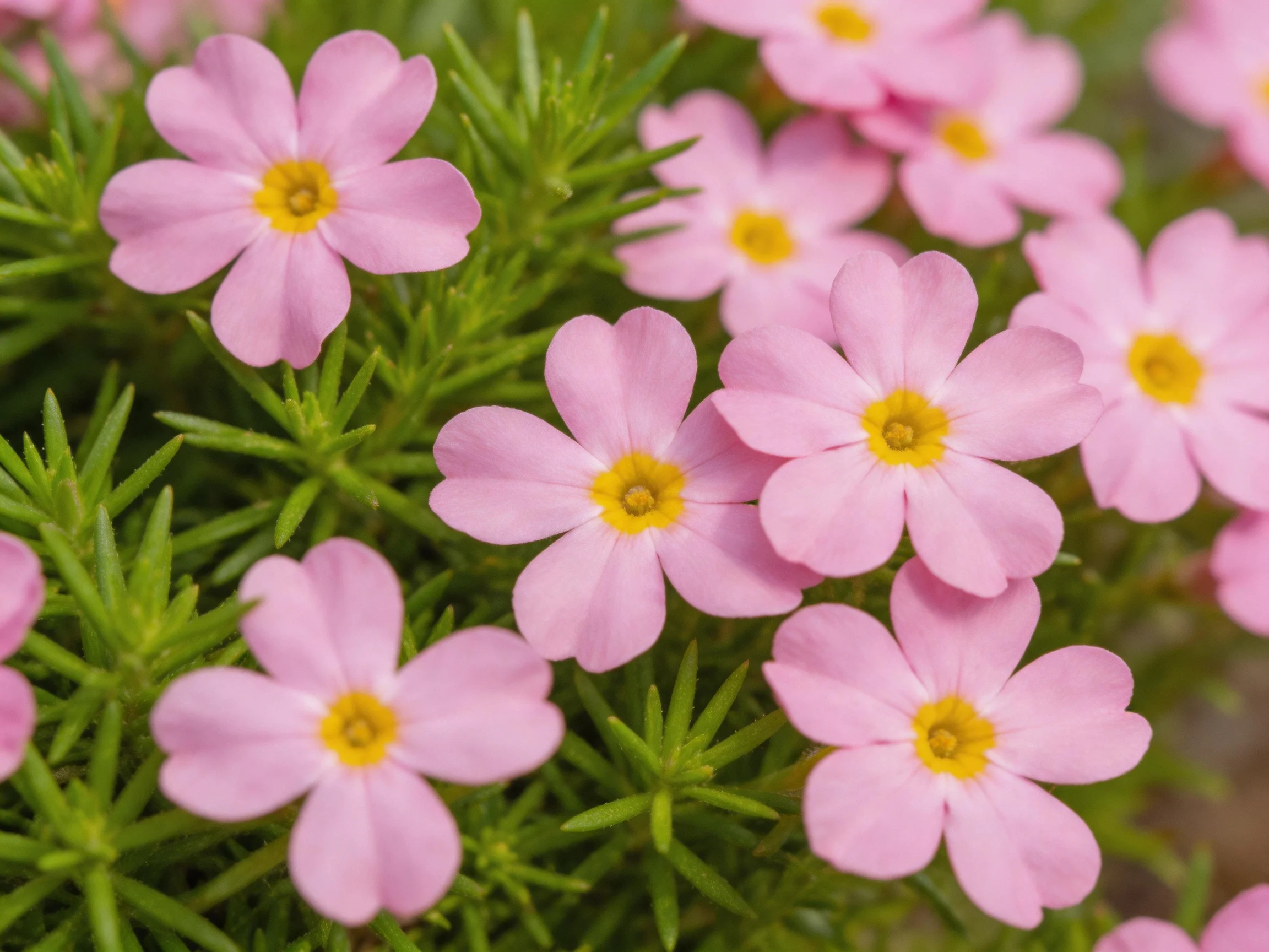 Multiple pink flowers with yellow centers amid green foliage