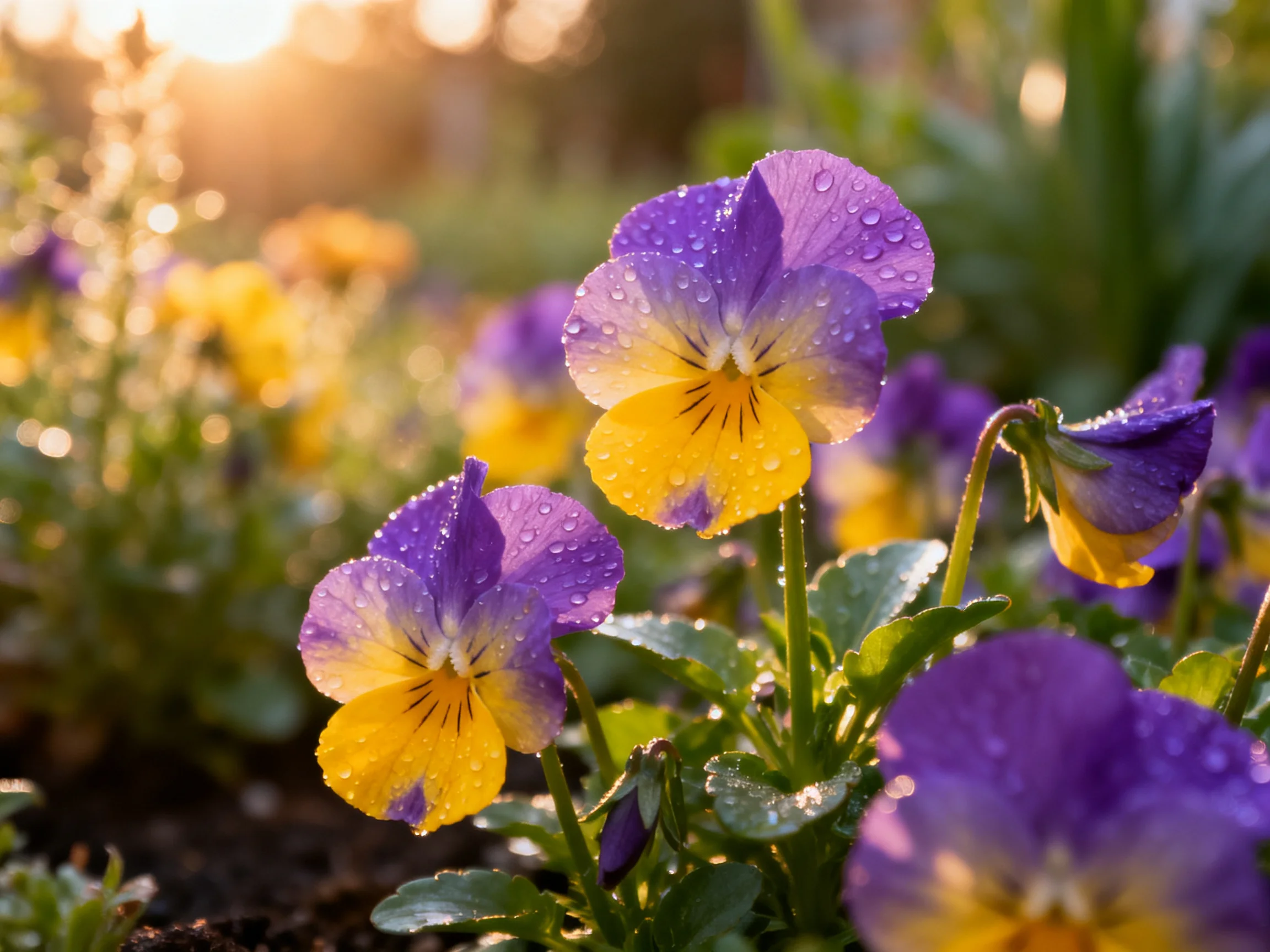 Multiple purple and yellow pansies with dewdrops in a sunlit garden