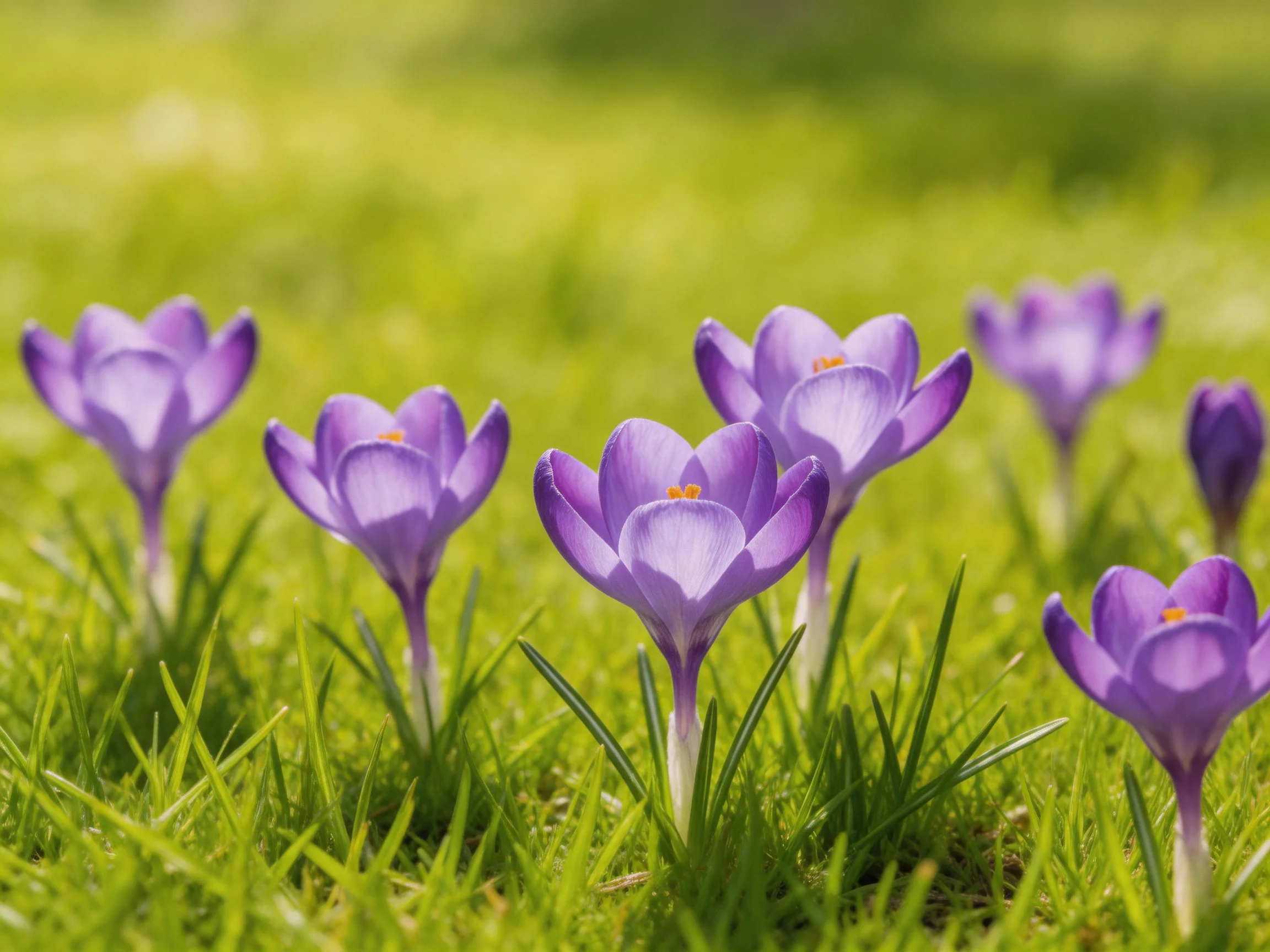 Multiple purple crocus blooms in lush green grass